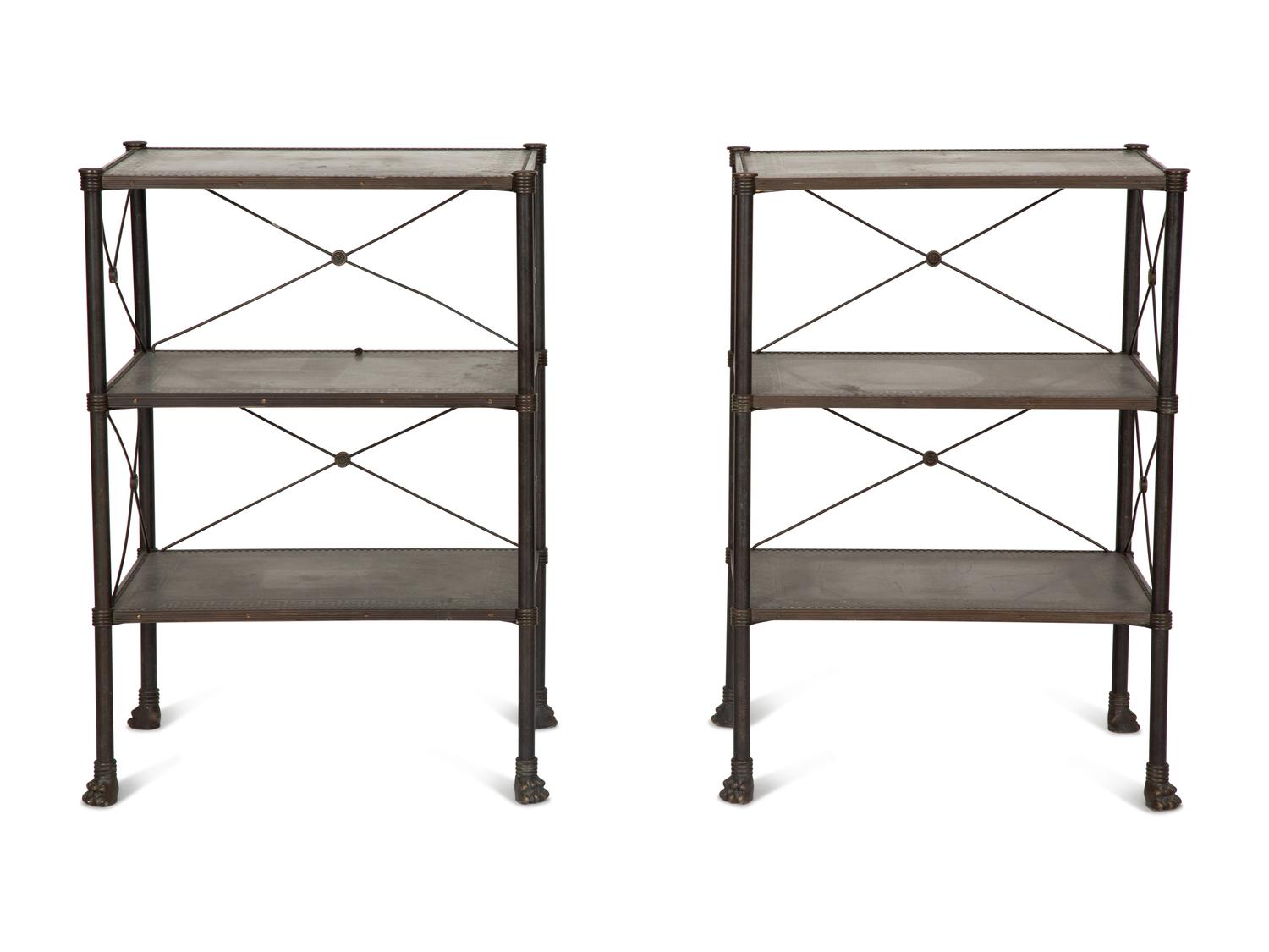 A Pair of French Brass Mounted Black Tole Shelves in the Manner of Maison Jansen — 20th Century