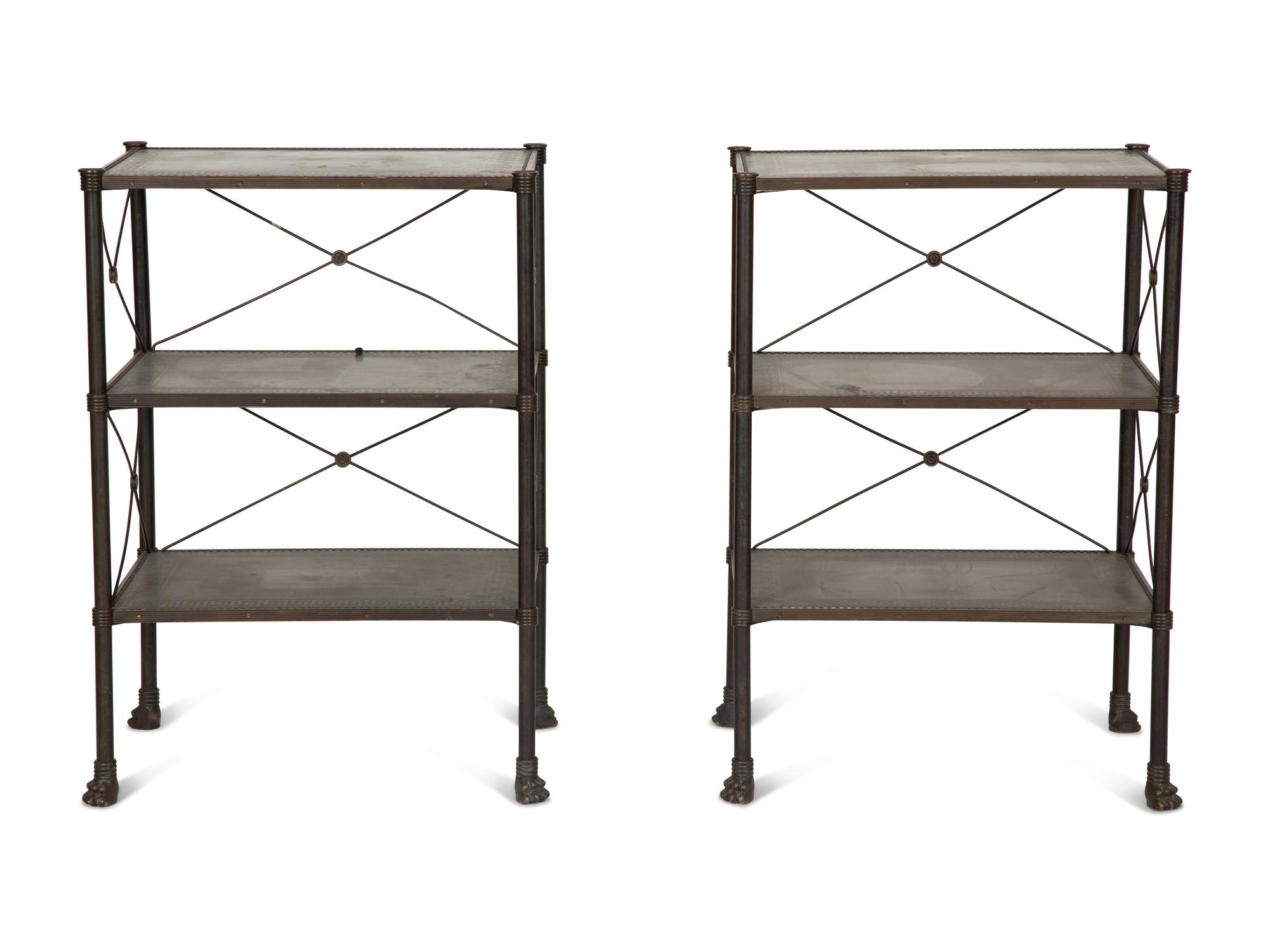 A Pair of French Brass Mounted Black Tole Shelves in the Manner of Maison Jansen — 20th Century