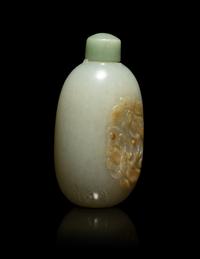 A Chinese Carved Russet and Pale Celadon Jade Oval-Form 'Butterflies' Snuff Bottle