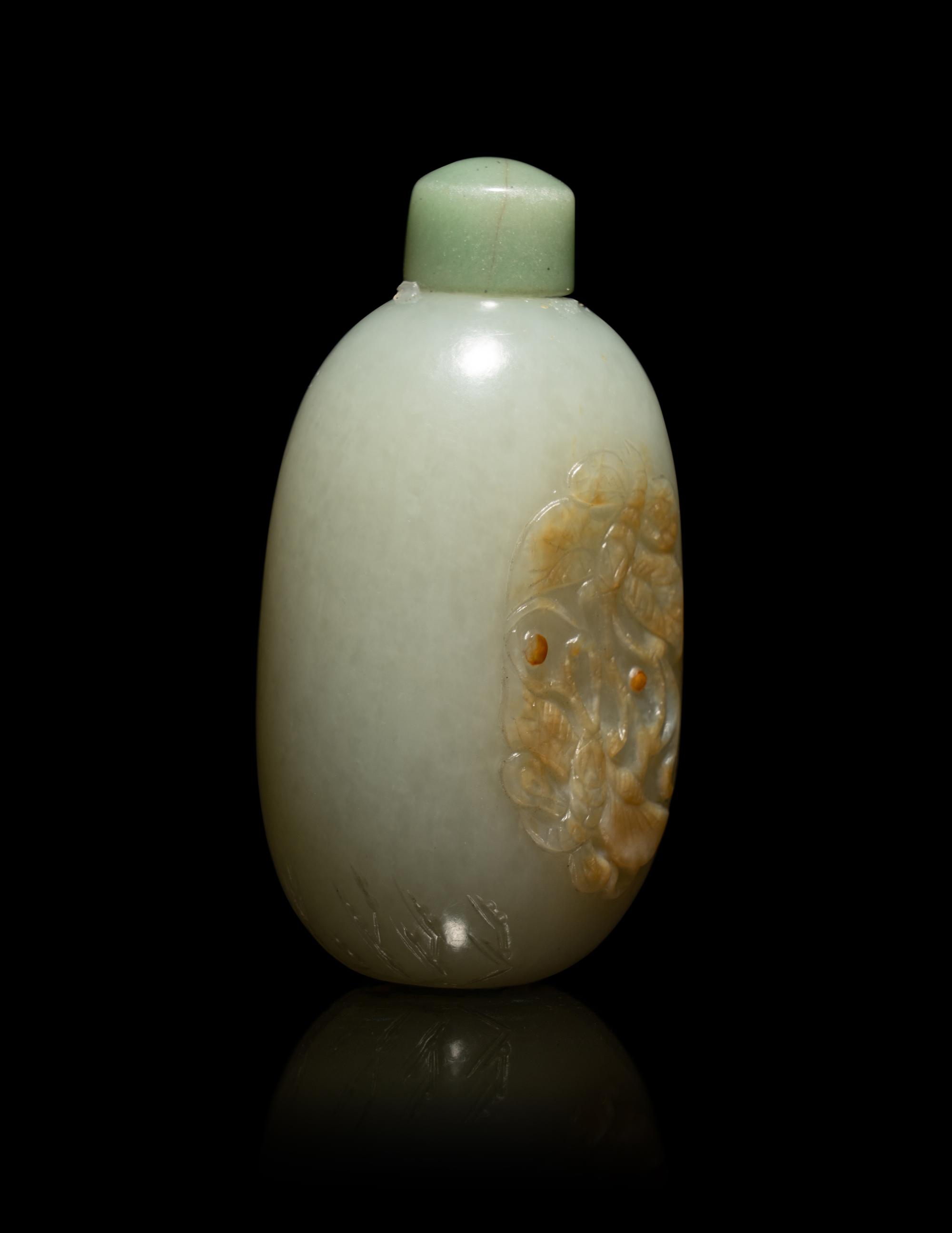 A Chinese Carved Russet and Pale Celadon Jade Oval-Form 'Butterflies' Snuff Bottle