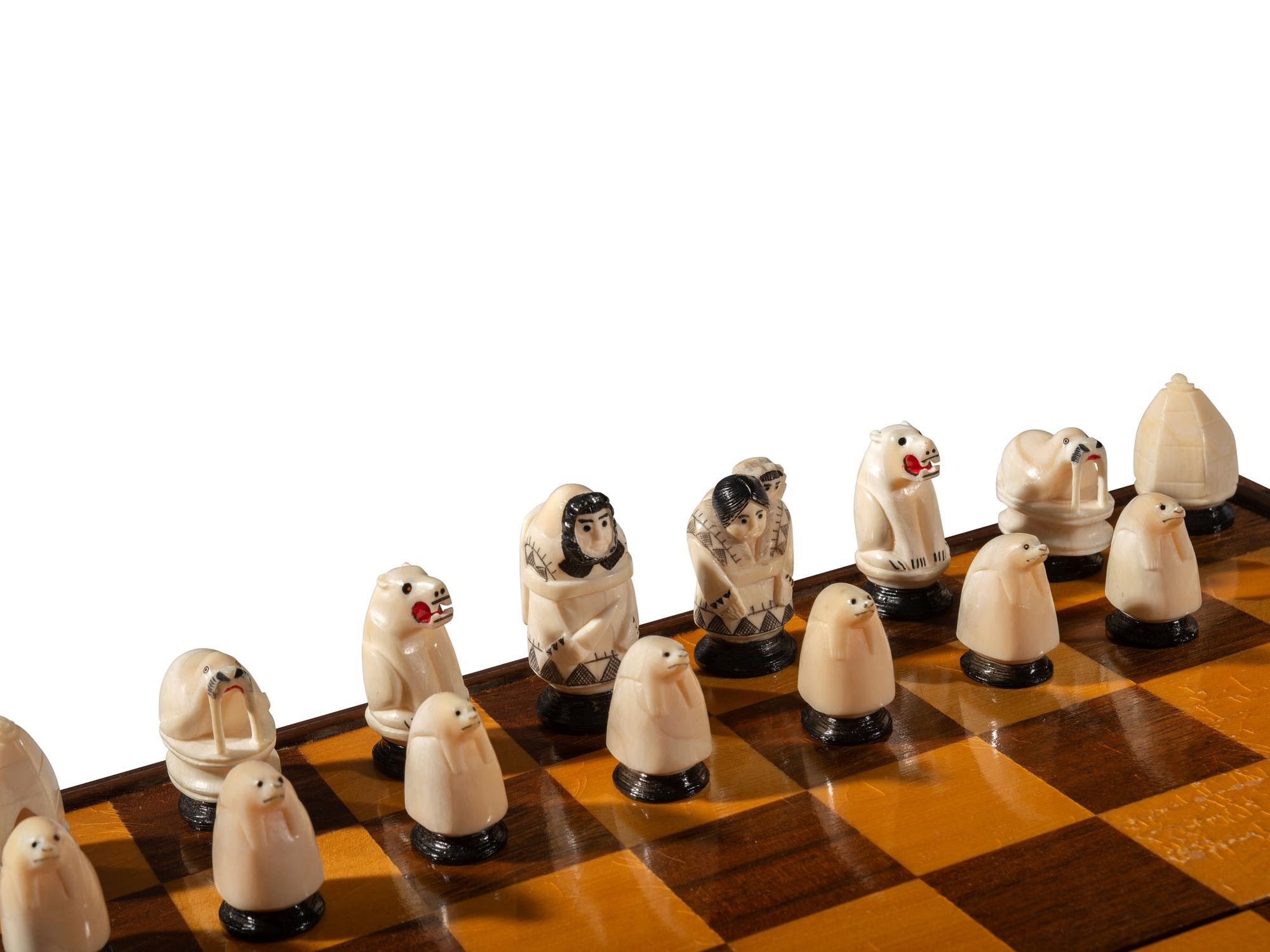 Inuit Carved Walrus Ivory Chess Set
