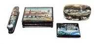A Collection of Four Russian Lacquered Boxes, 20th Century, of various forms and sizes, decorated with images of cities and villages, t