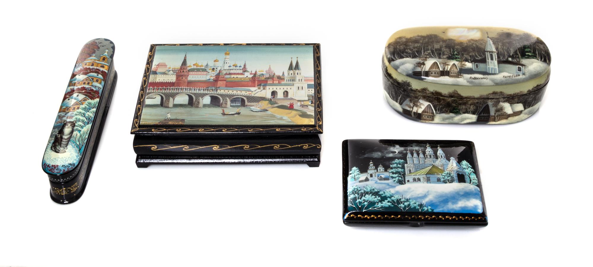 A Collection of Four Russian Lacquered Boxes, 20th Century, of various forms and sizes, decorated with images of cities and villages, t