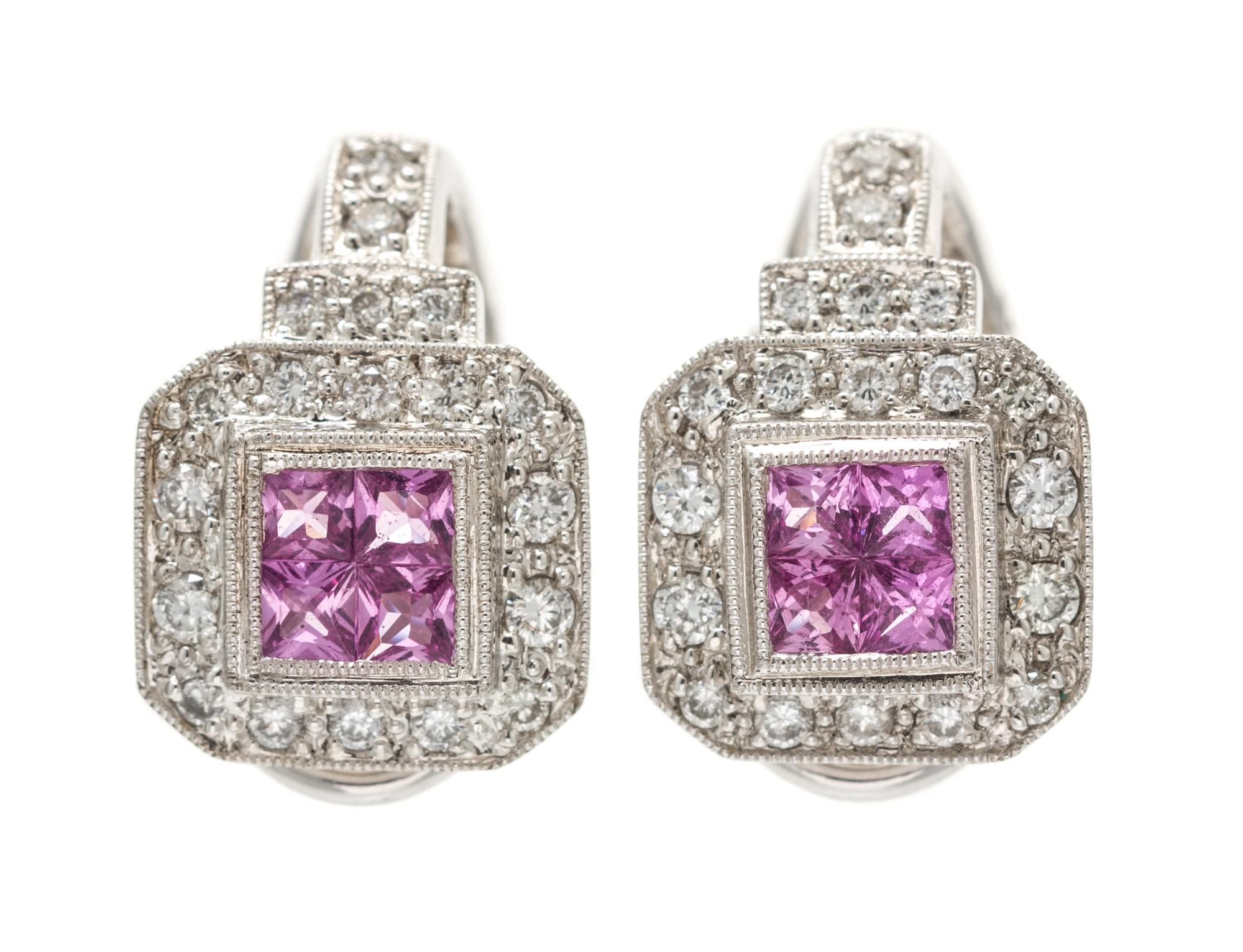 A Pair of Platinum, Pink Sapphire and Diamond Earclips, 8.90 dwts.