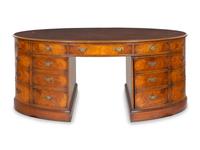 A George III Style Burl Walnut and Mahogany Oval Pedestal Desk