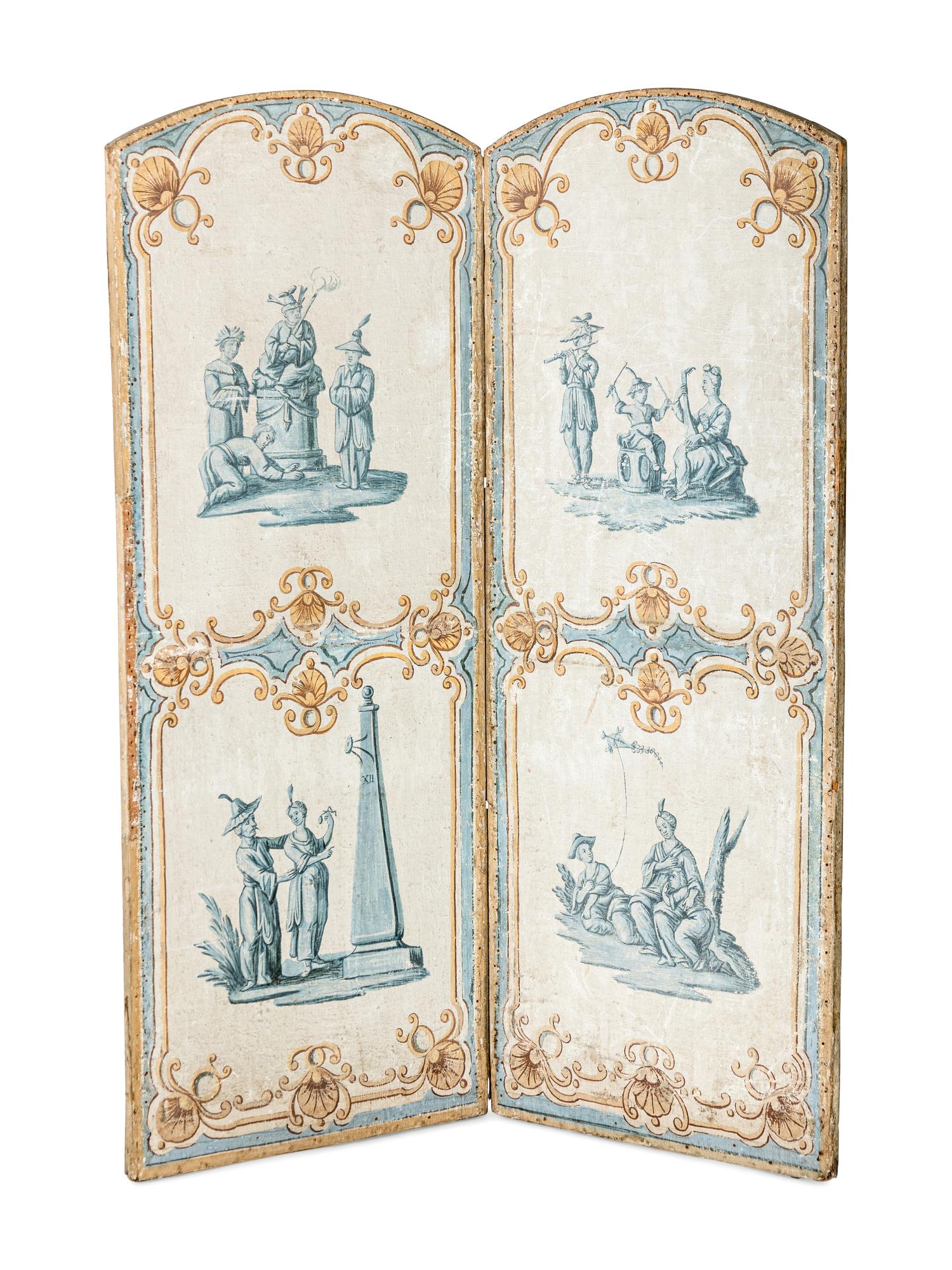 A Louis XV Painted Canvas Five-Panel Floor Screen