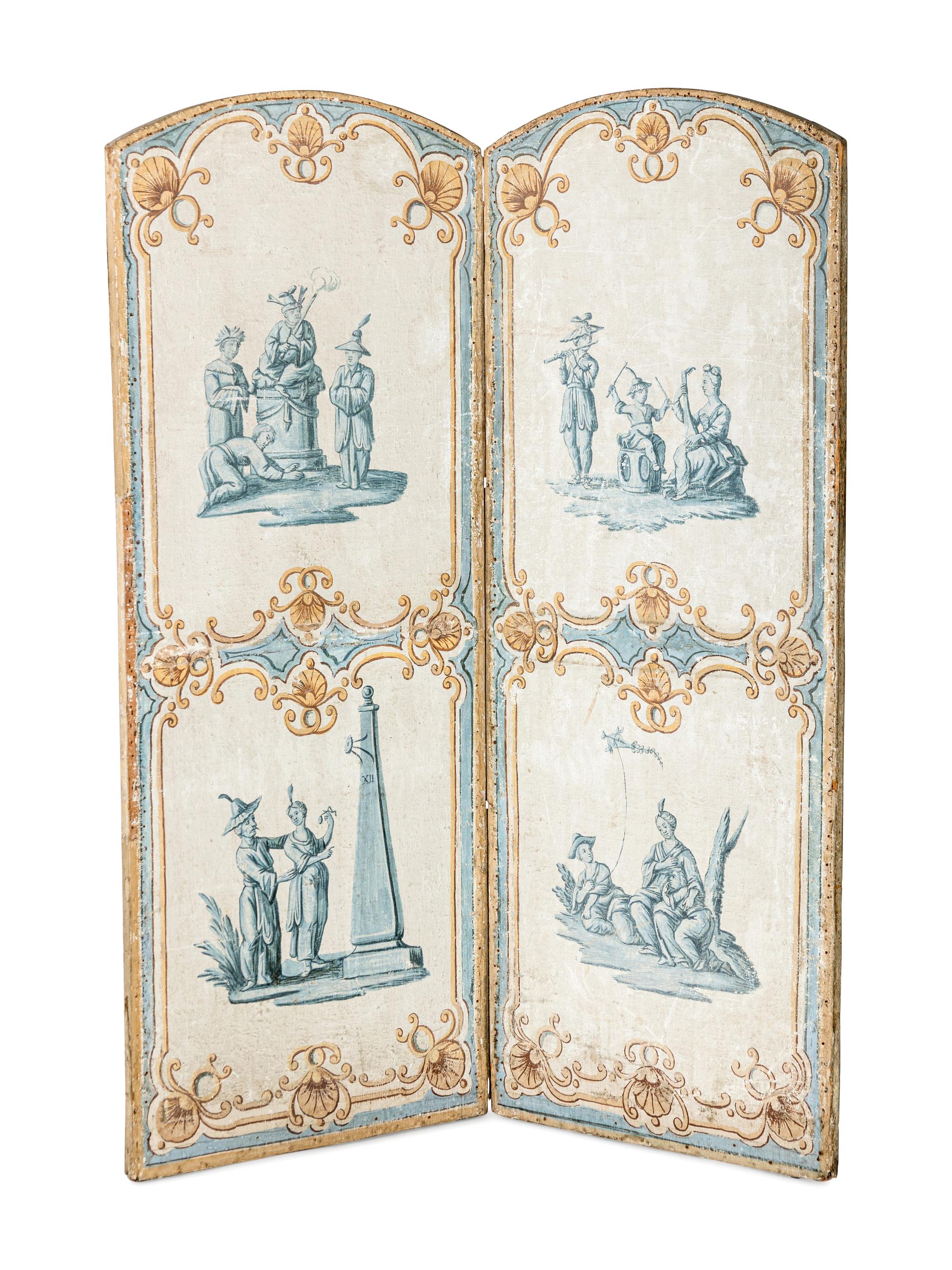 A Louis XV Painted Canvas Five-Panel Floor Screen