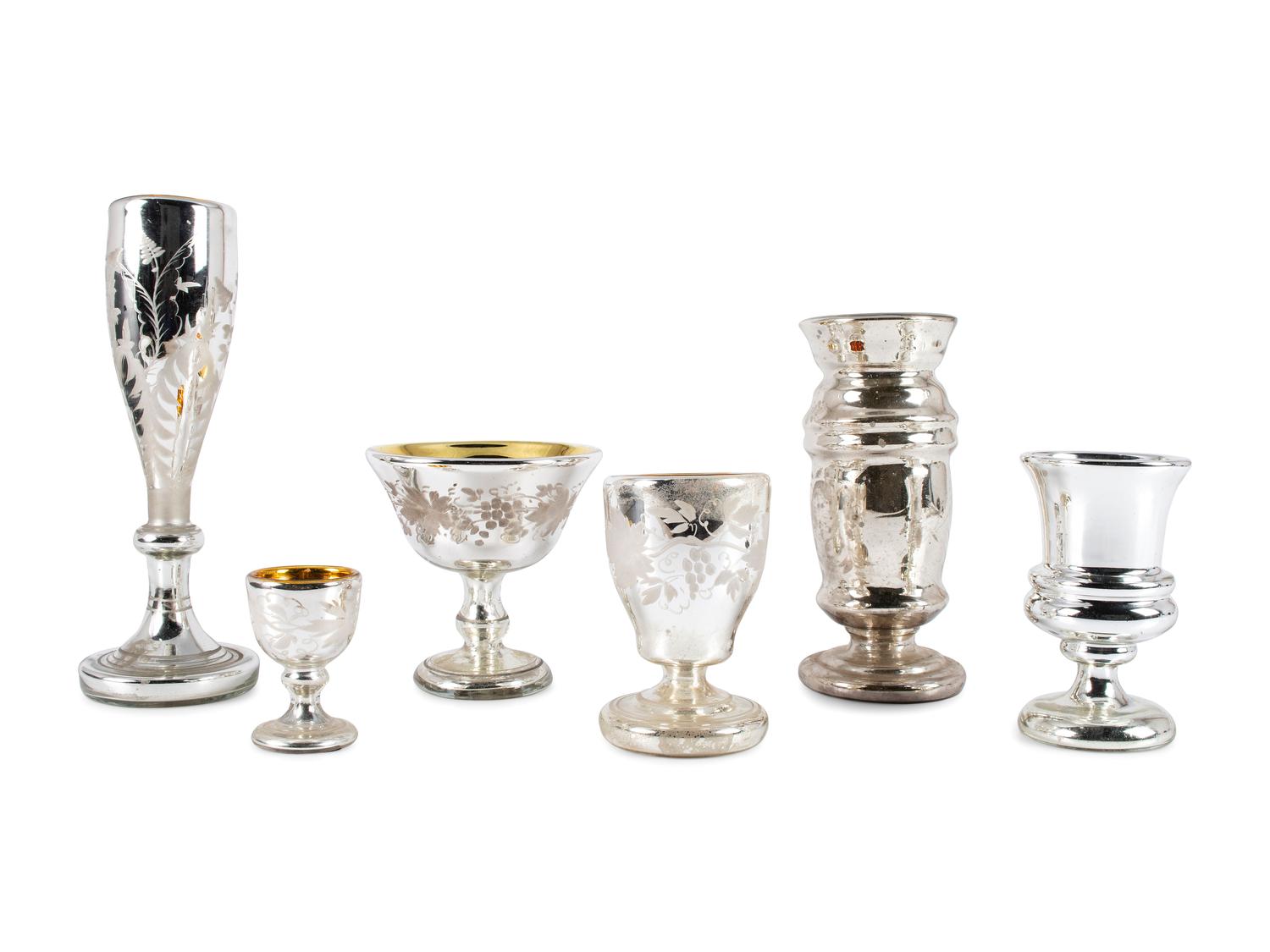 Six Etched Mercury Glass Table Articles