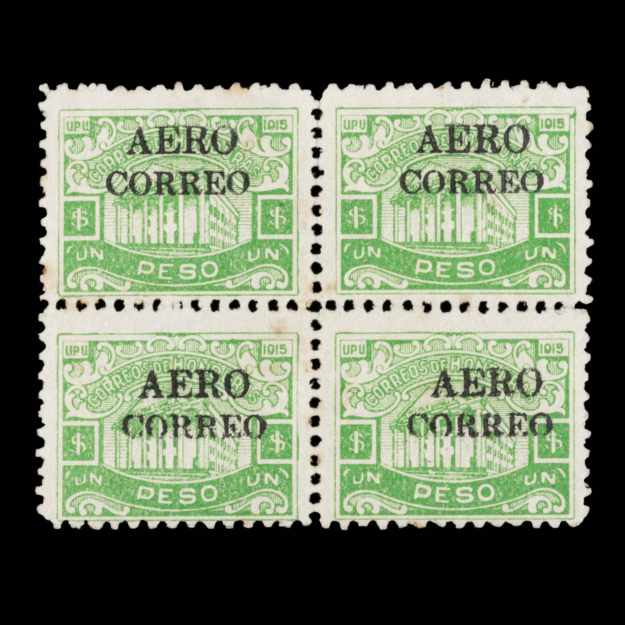 HONDURAS. Airmail. 1925. 1p. Yellow-Green (#C9), Block of Four