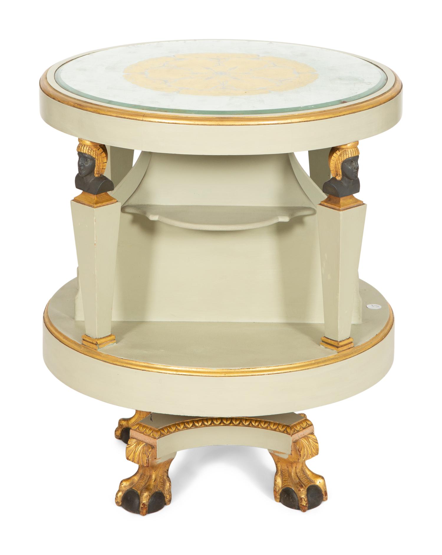 A Regency Revival Painted and Parcel Gilt Eglomise Panel Inset Side Table