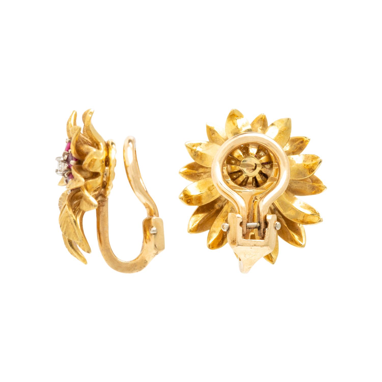 Synthetic Ruby, Diamond, and Yellow Gold Flower Earrings