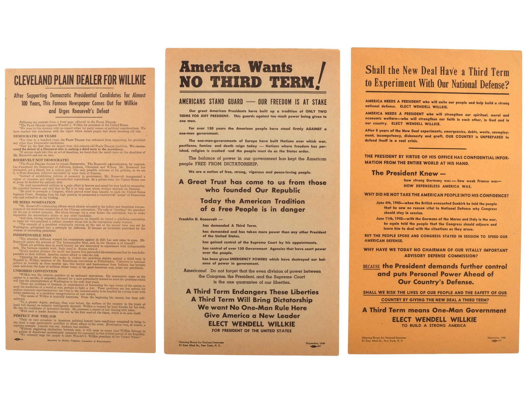 [WILLKIE, Wendell (1892-1944)]. A group of photographs, tickets, publications, sheet music, and other ephemera related Willkie's 1940 presidential nomination and campaign.
