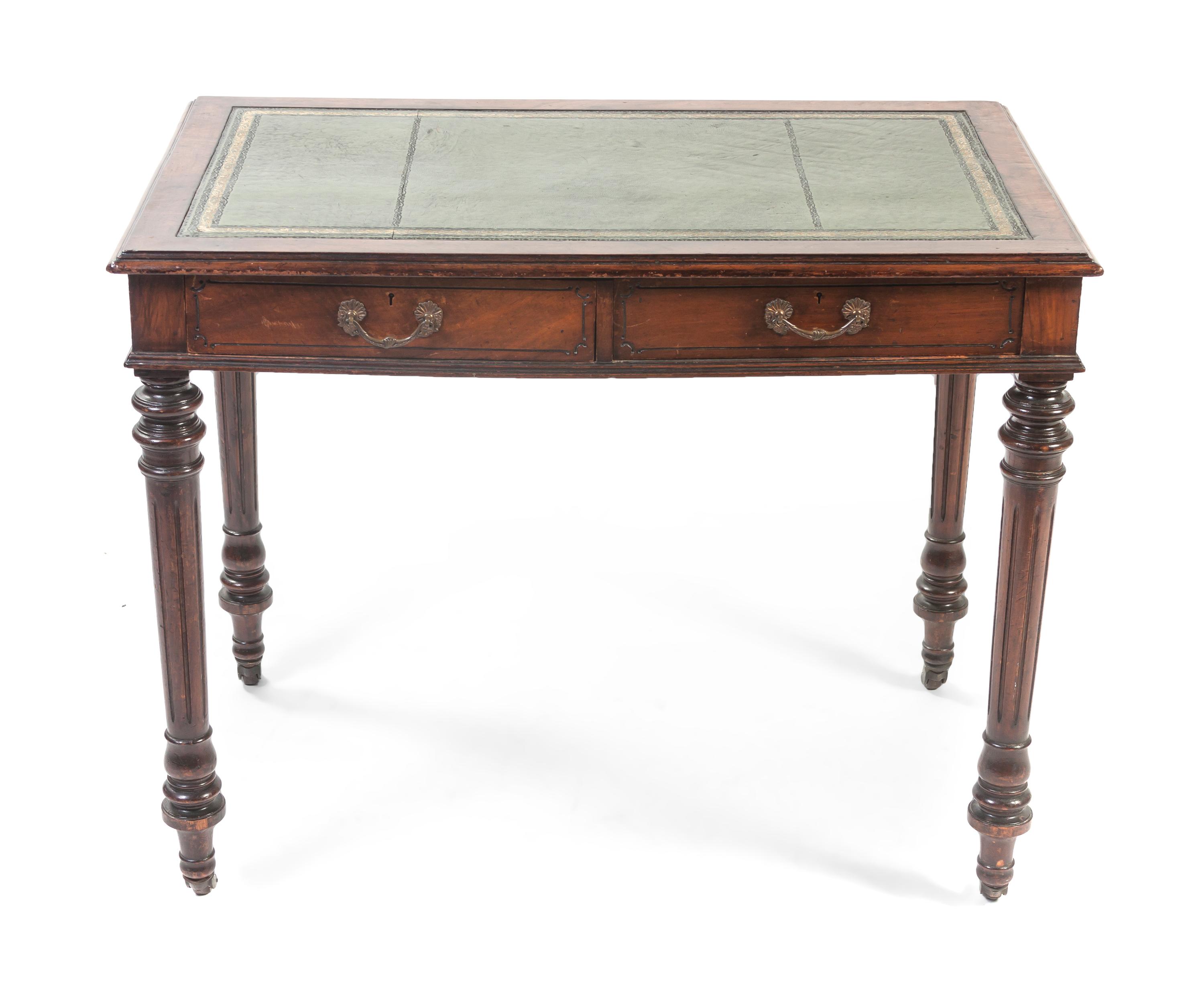 An English Mahogany Writing Desk, Height 29 x width 36 3/4 x depth 22 1/4 inches.