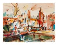Three works: Provincetown, Mass; Harbor Scene with Boats; and Harbor Scene
