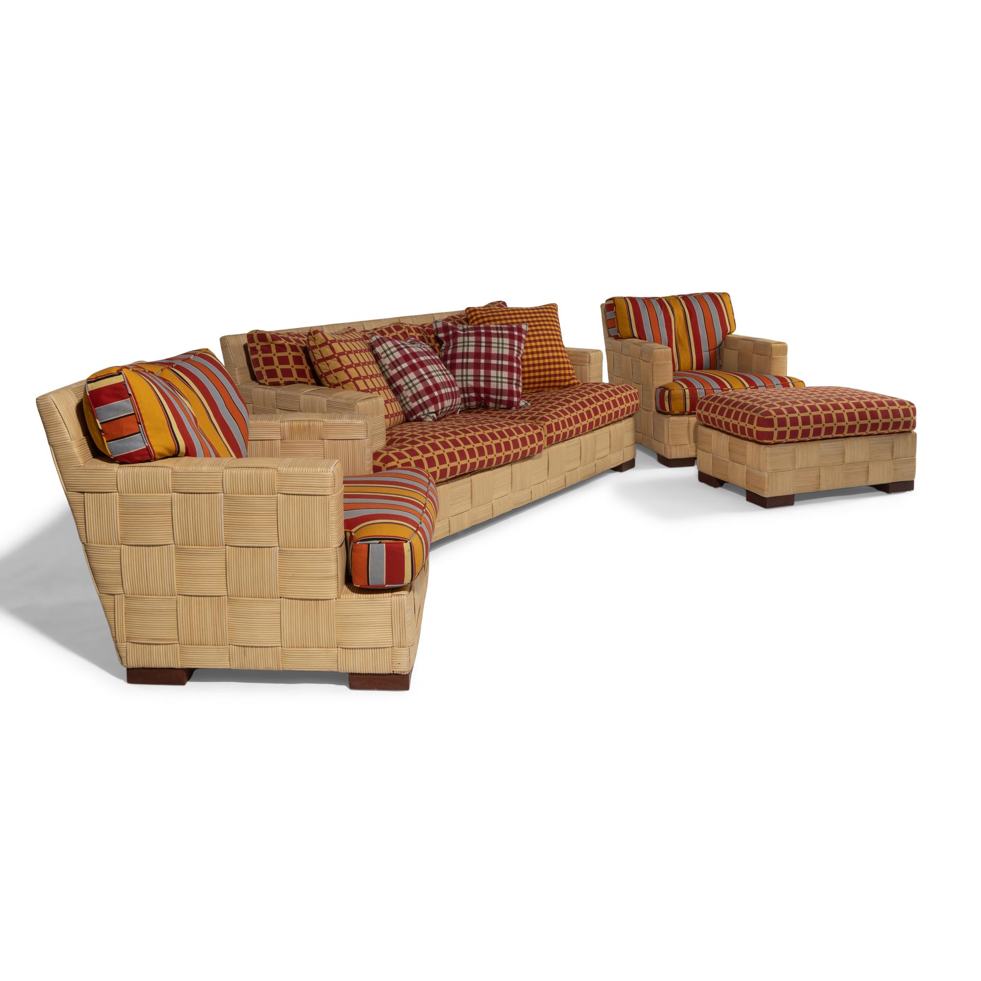 John Hutton for Donghia c. 1990 — Block Island Four Piece set Sofa, Two Chairs, Ottoman Donghia Furniture