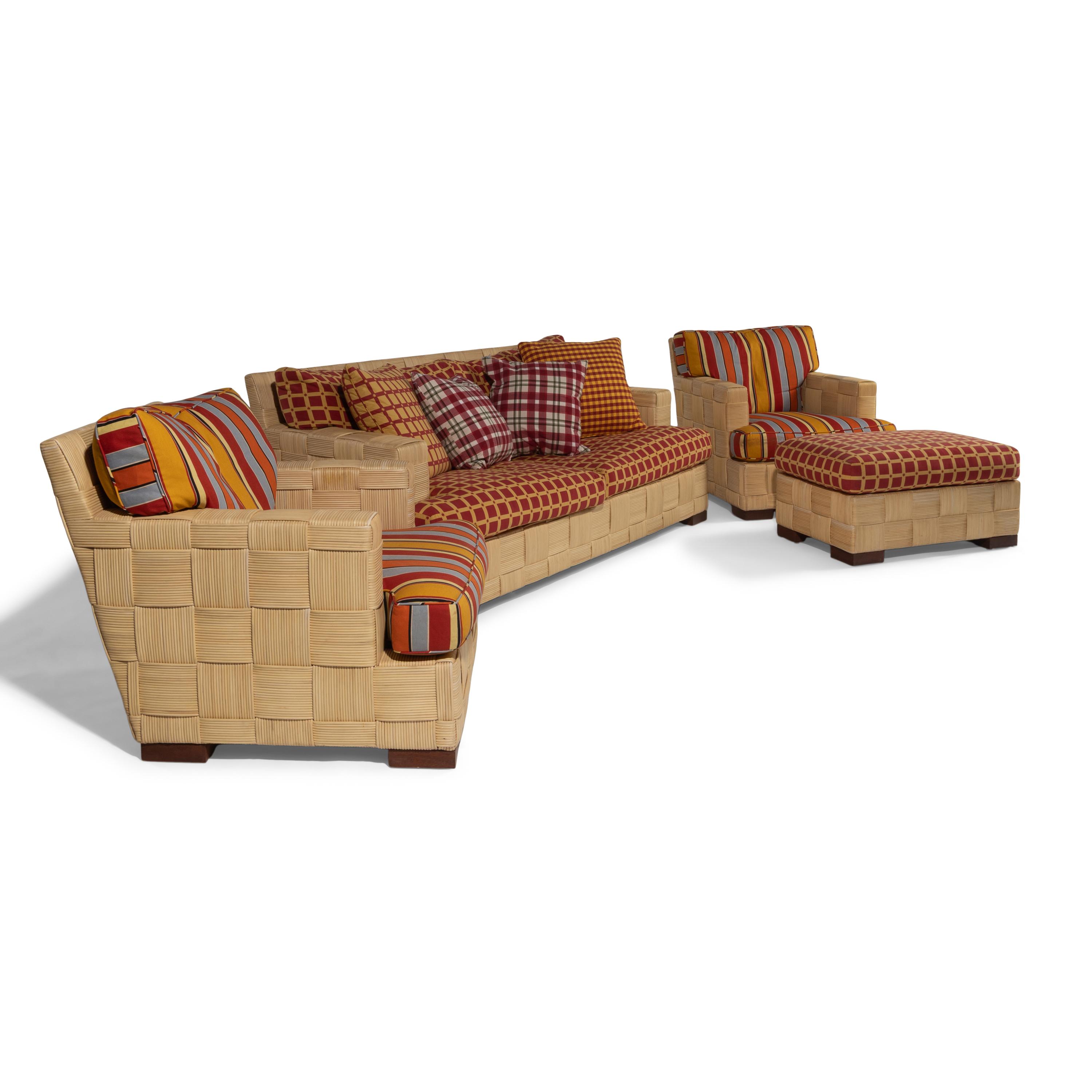 John Hutton for Donghia c. 1990 — Block Island Four Piece set Sofa, Two Chairs, Ottoman Donghia Furniture