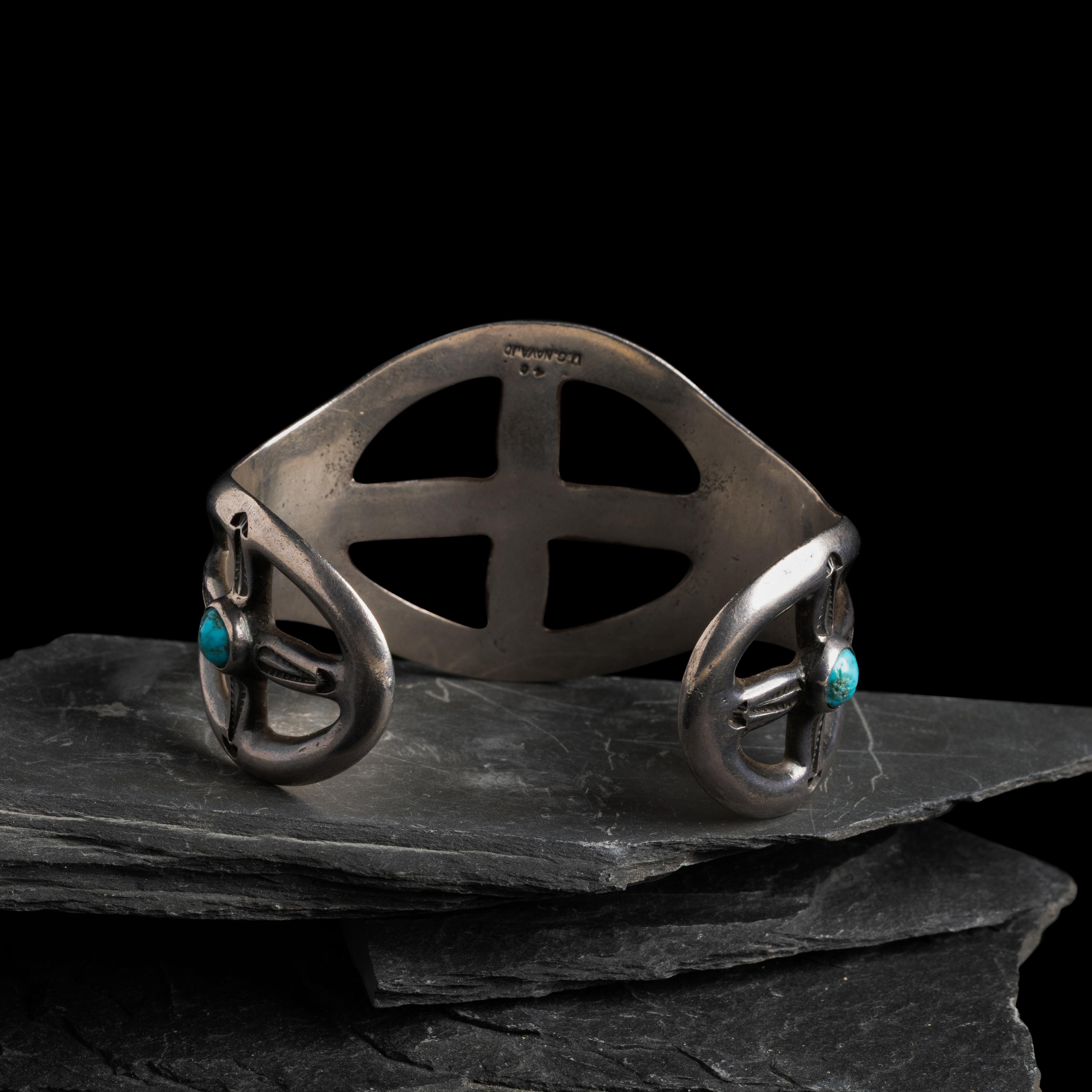Navajo Sand Cast Silver and Turquoise Cuff Bracelet, US NAVAJO 40