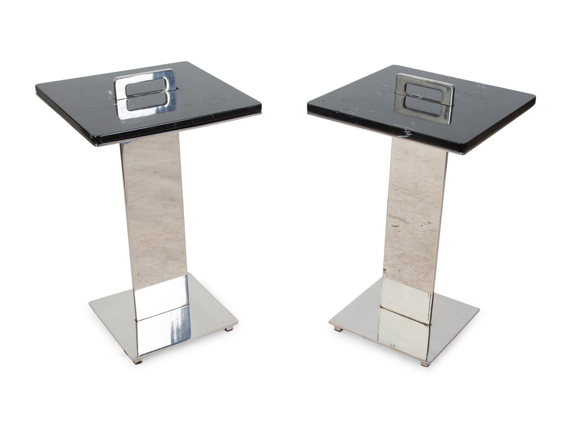 A Pair of Chrome Plated Steel Black Marble Top Side Tables — 20TH CENTURY