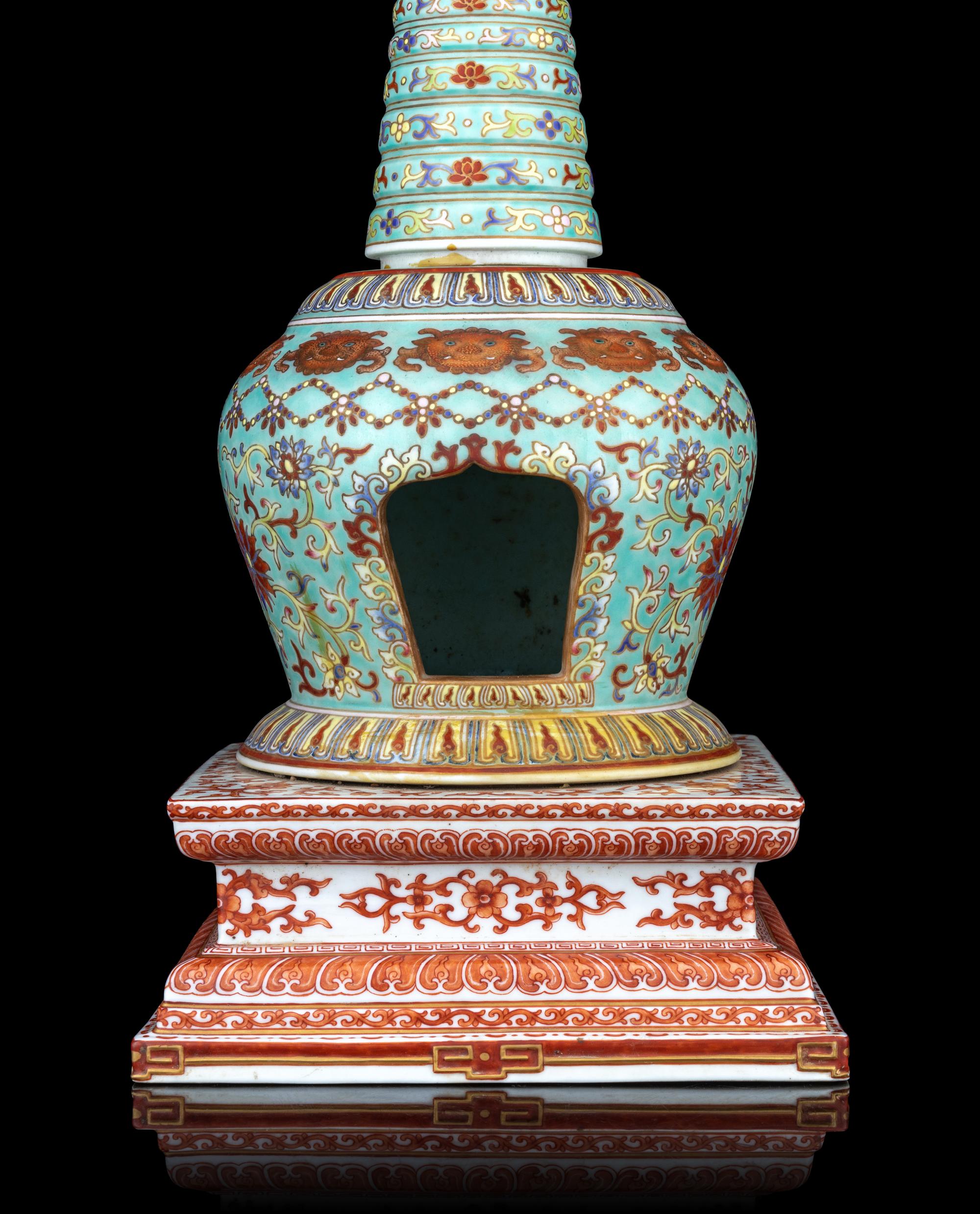 A Turquoise Glazed Famille Rose Porcelain Pagoda