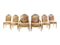 A Louis XVI Style Giltwood Seven-Piece Seating Suite with Aubusson Tapestry Upholstery