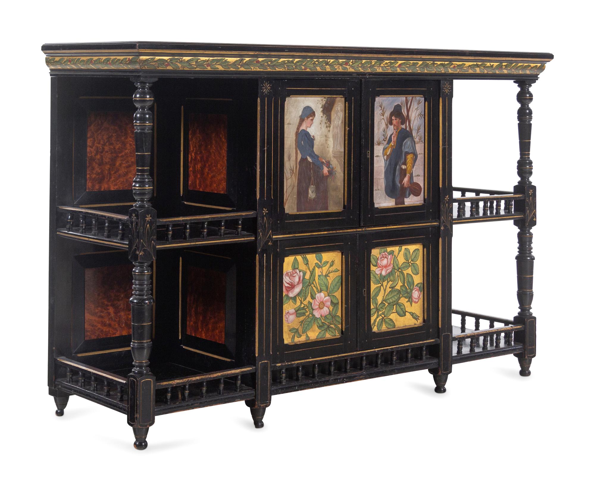 An English Aesthetic Movement Ebonized and Hand-Painted Cabinet