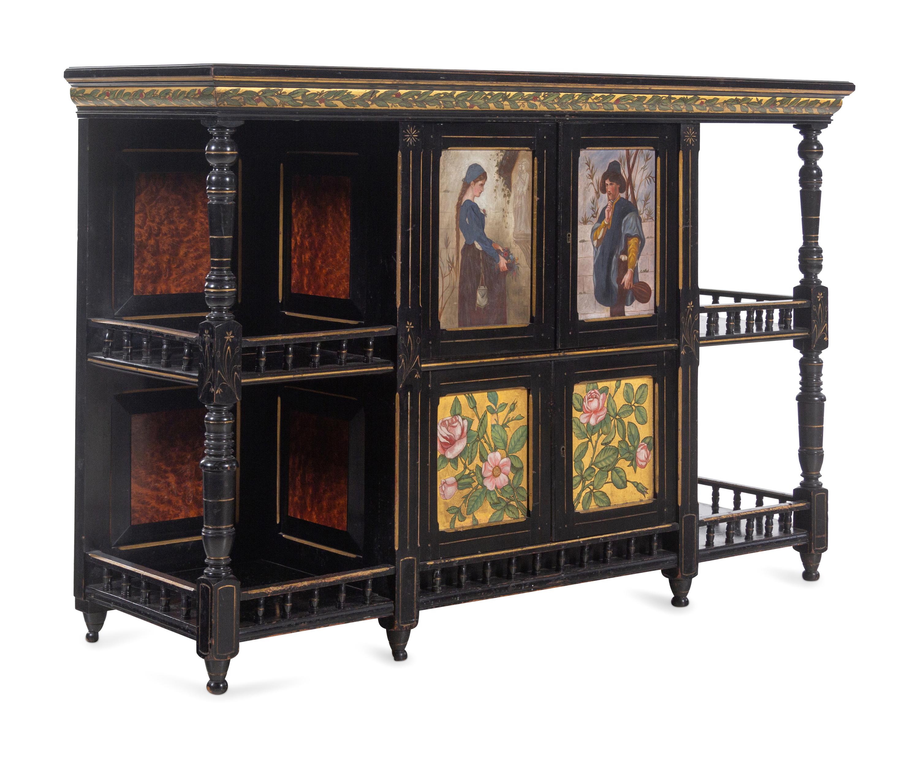 An English Aesthetic Movement Ebonized and Hand-Painted Cabinet