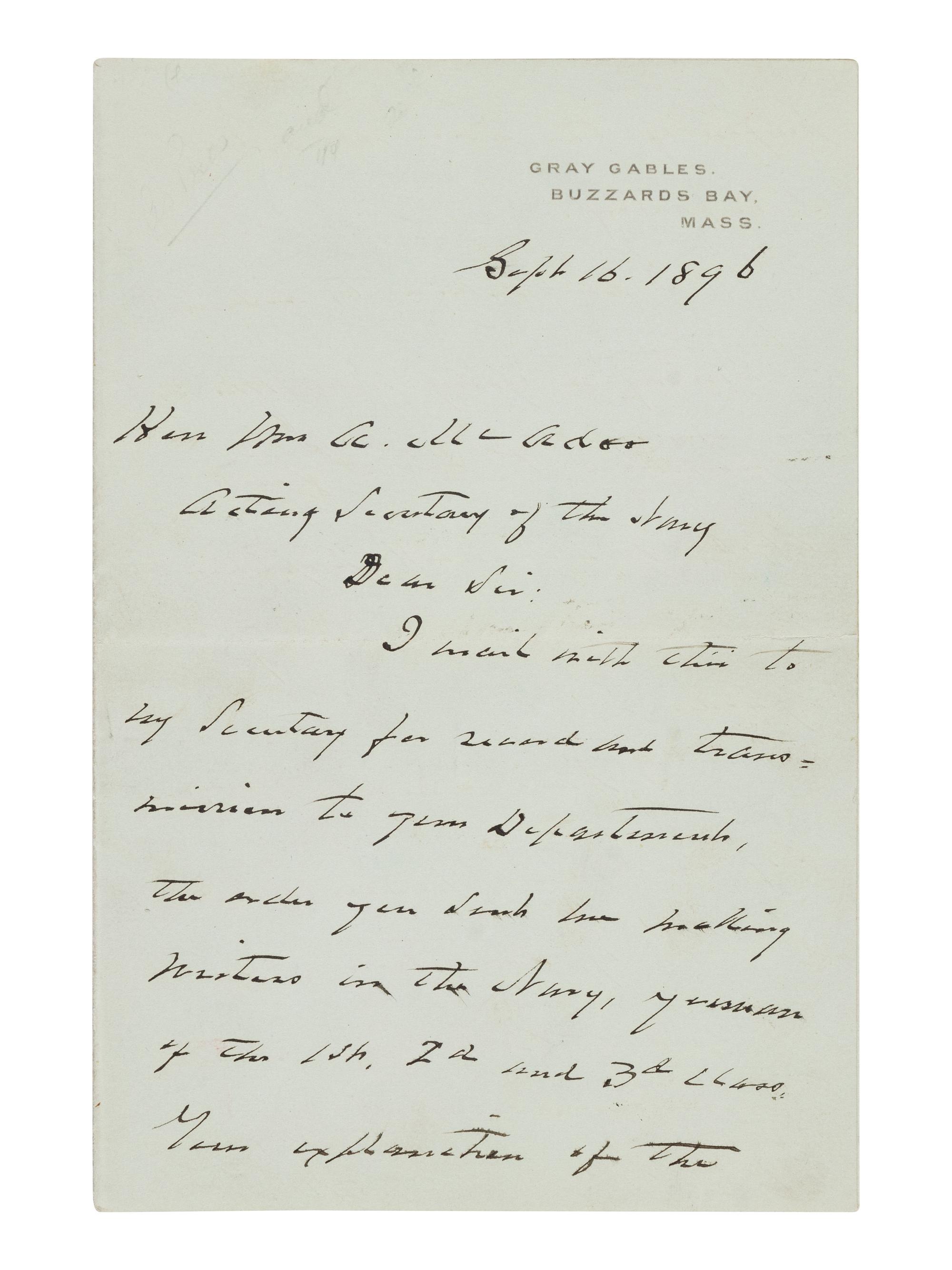 [PRESIDENTS]. A group of 5 presidential signatures, including an autograph letter signed by Grover Cleveland, comprising: