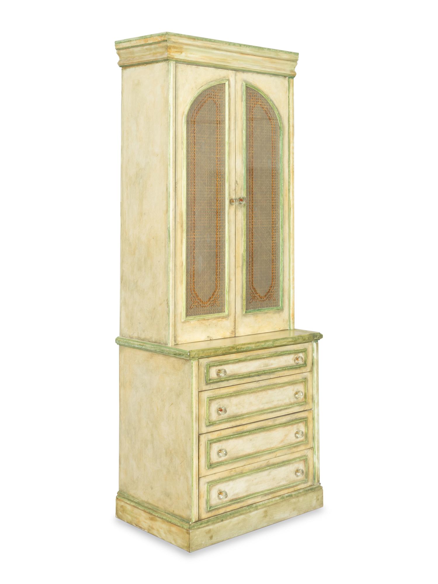 A Pair of Cream and Green-Painted Bookcase Cabinets