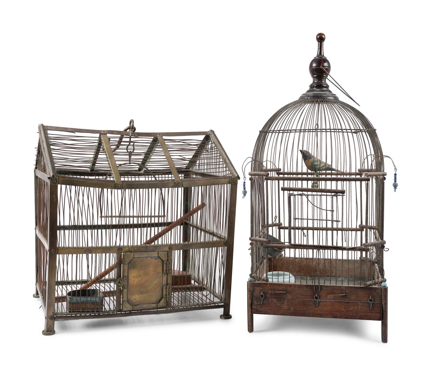 Three Folk Art Bird Cages and a Birdhouse