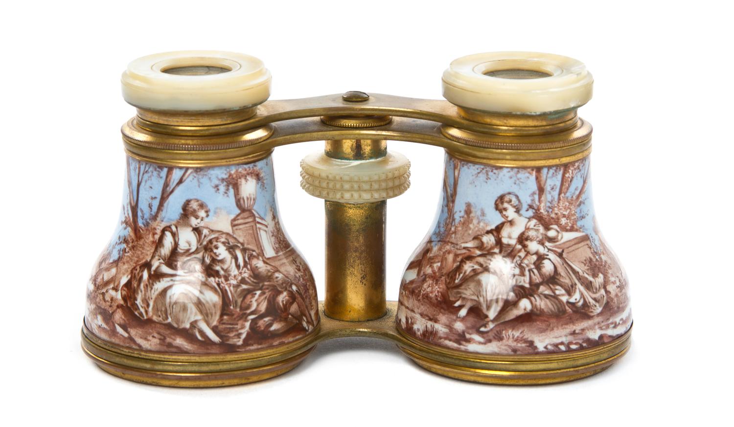 A Pair of French Enameled and Mother-of-Pearl Inset Opera Glasses, Width 4 1/4 inches.