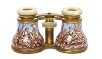 A Pair of French Enameled and Mother-of-Pearl Inset Opera Glasses, Width 4 1/4 inches.