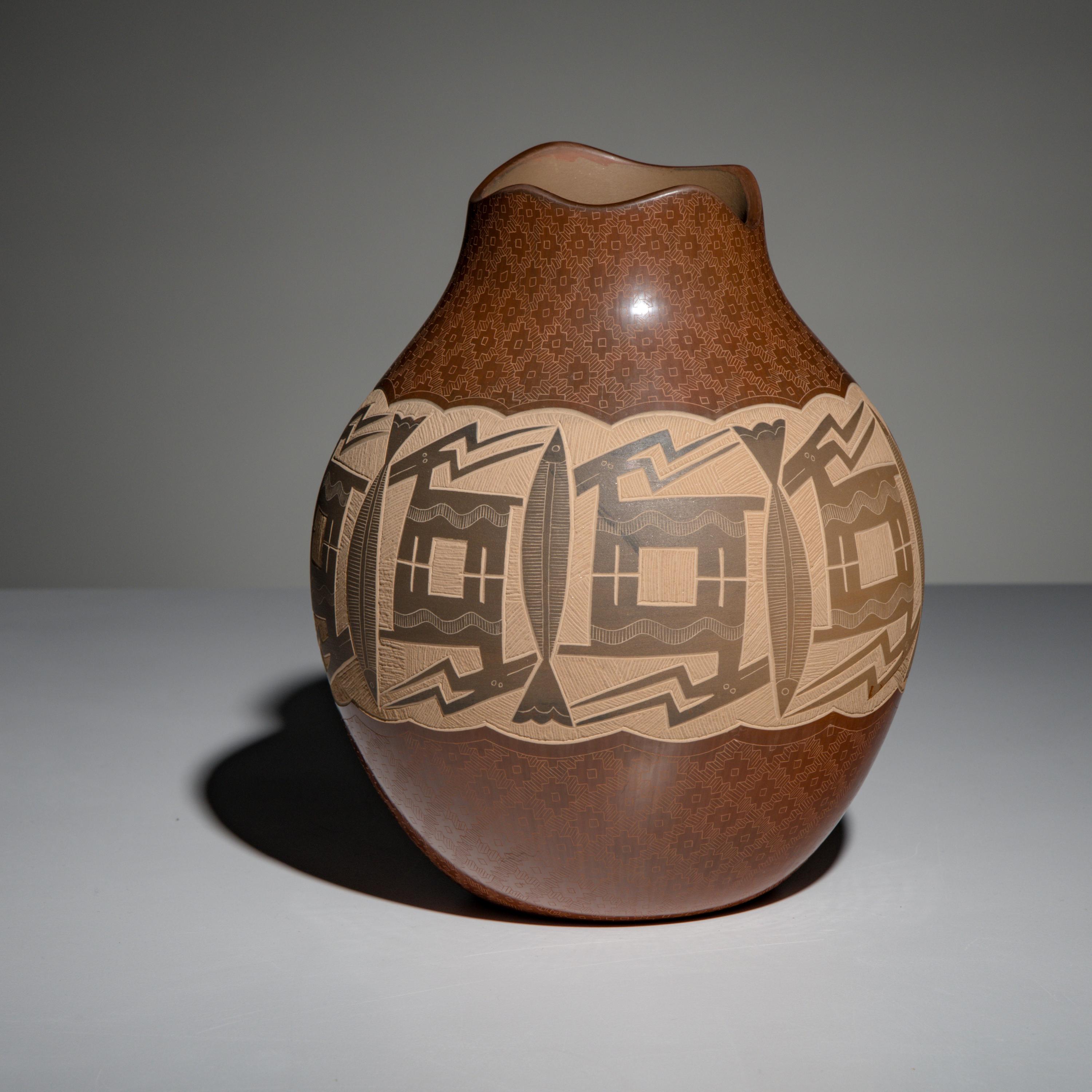 Jody Naranjo (Santa Clara, b. 1969) — Redware Pottery Vase, with Sgraffito Deer and Fish, 2002