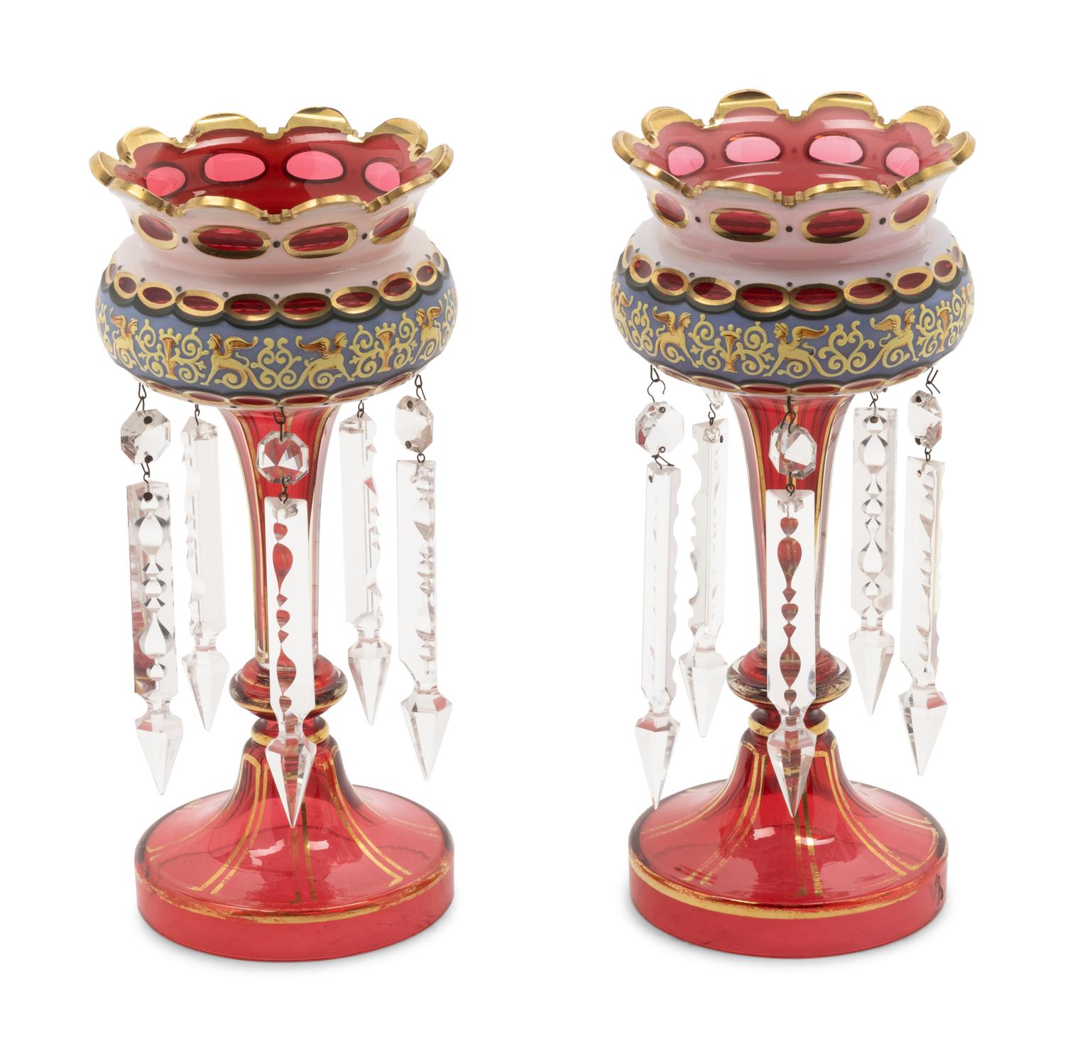 A Pair of Bohemian Enameled White Overlay Glass Lusters