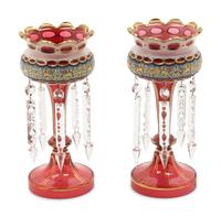 A Pair of Bohemian Enameled White Overlay Glass Lusters