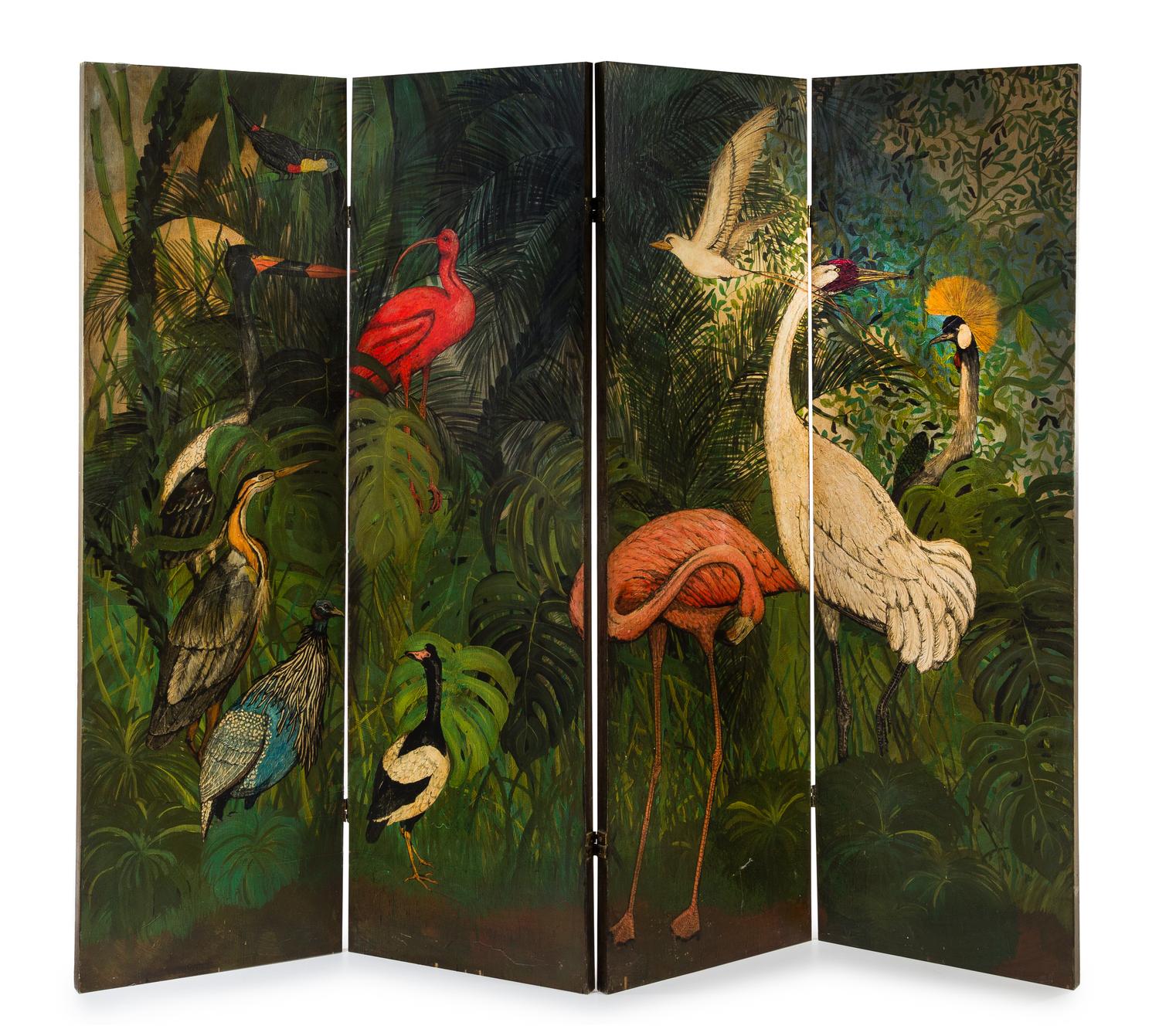 A Painted Wood Four-Panel Floor Screen Height 76 1/2 x width of each panel 24 inches. — 20TH CENTURY