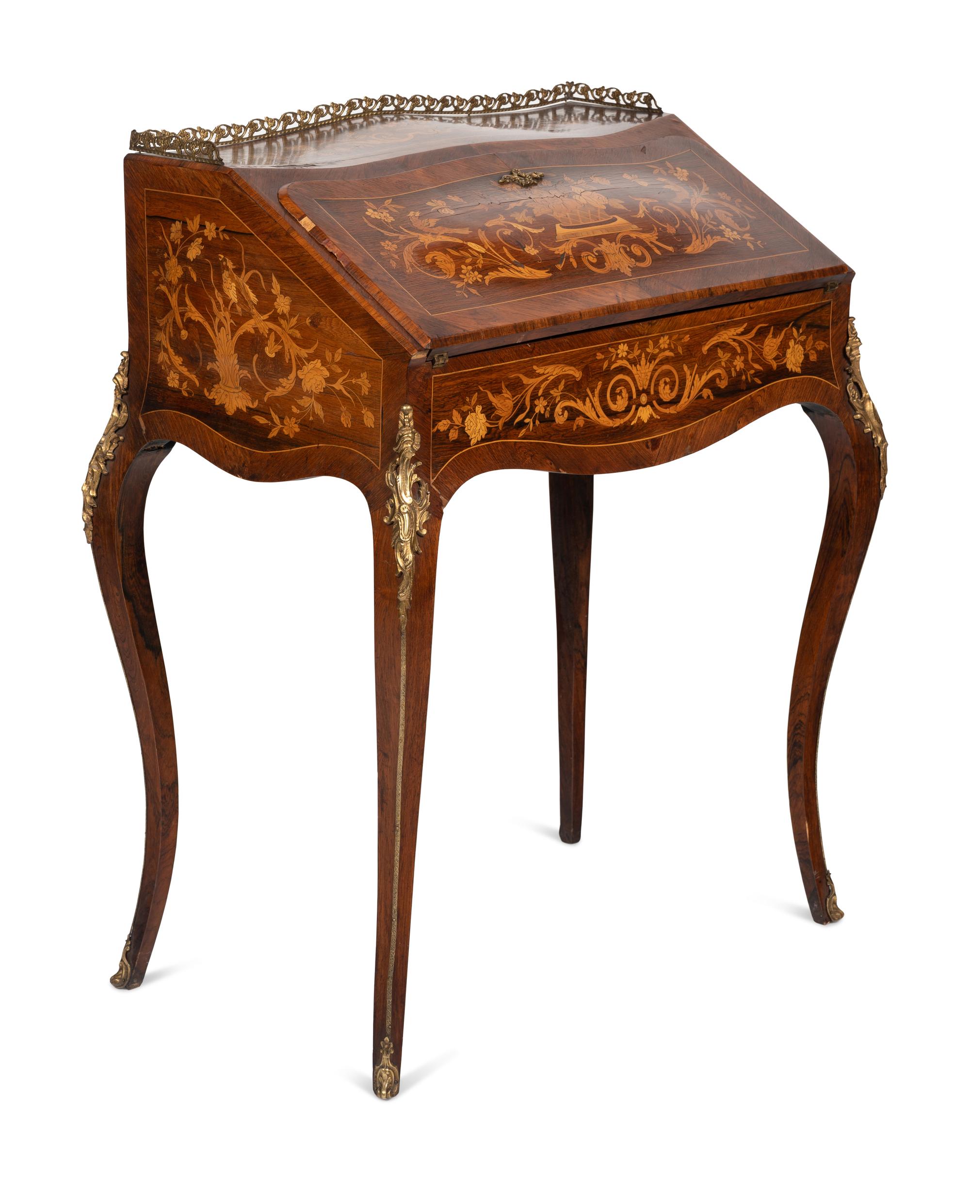 A Louis XV Style Gilt Bronze Mounted Marquetry Bureau en Pente