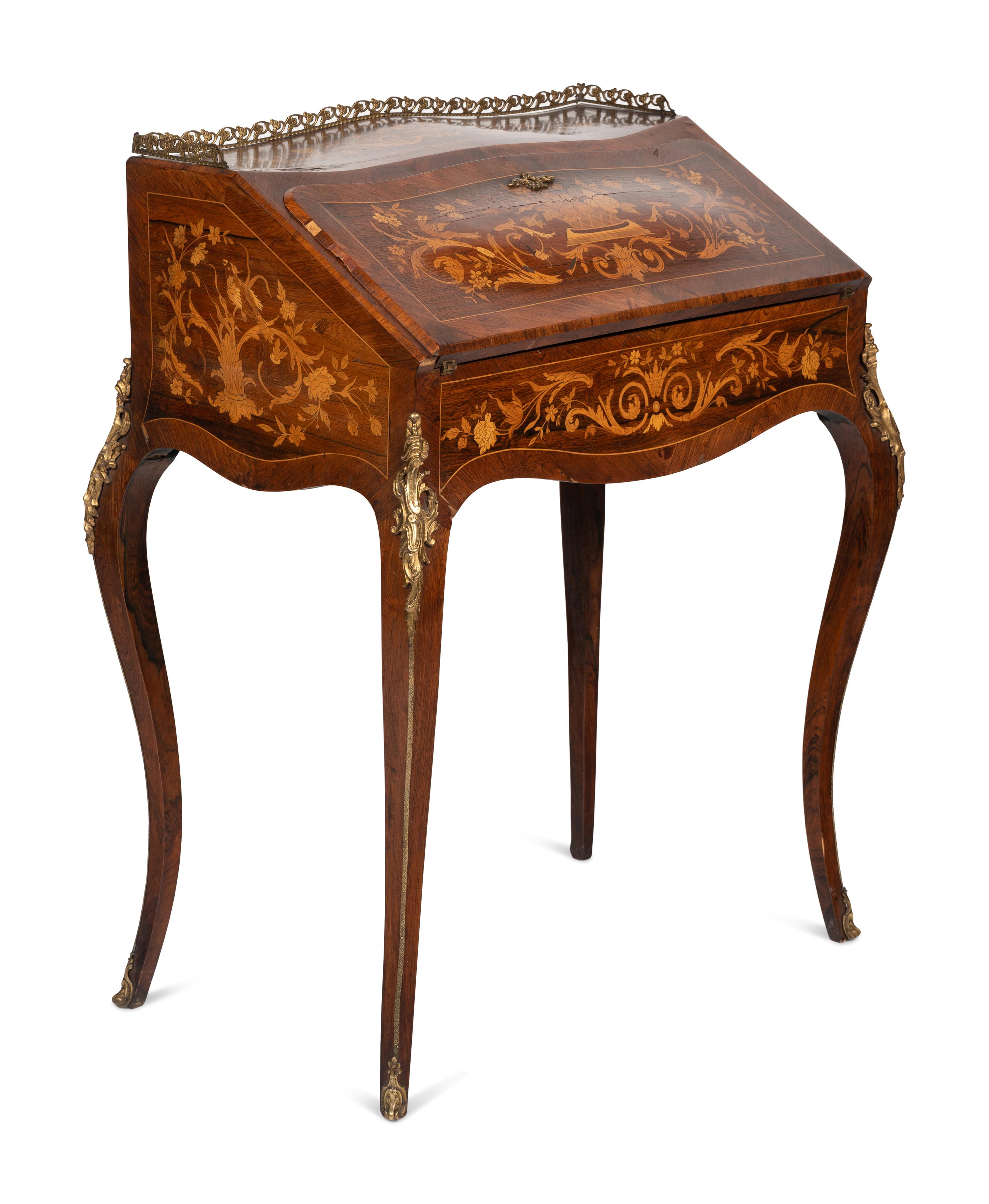 A Louis XV Style Gilt Bronze Mounted Marquetry Bureau en Pente