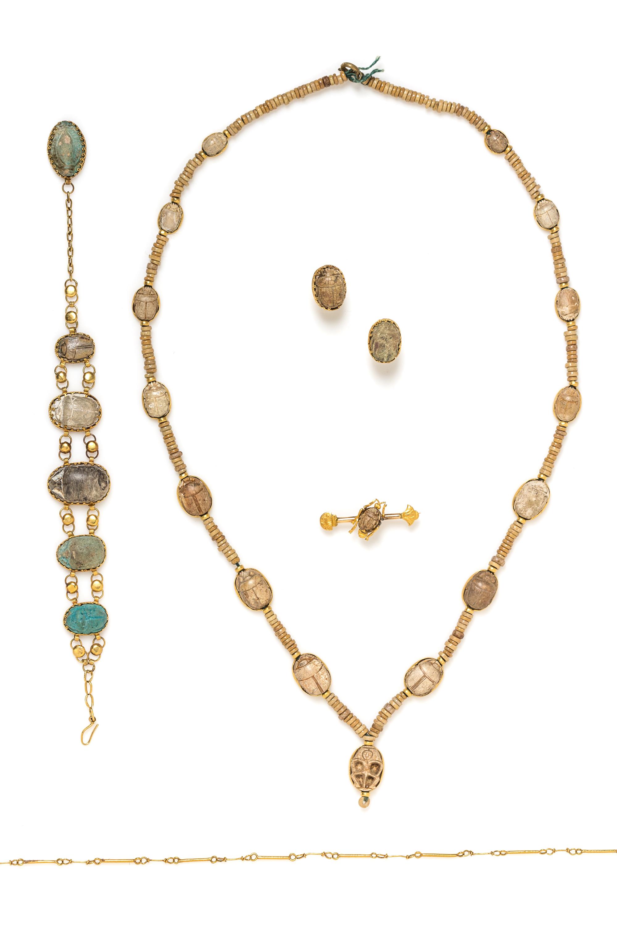 A Possibly Ancient Gold and Hardstone Scarab Parure, 44.80 dwts.