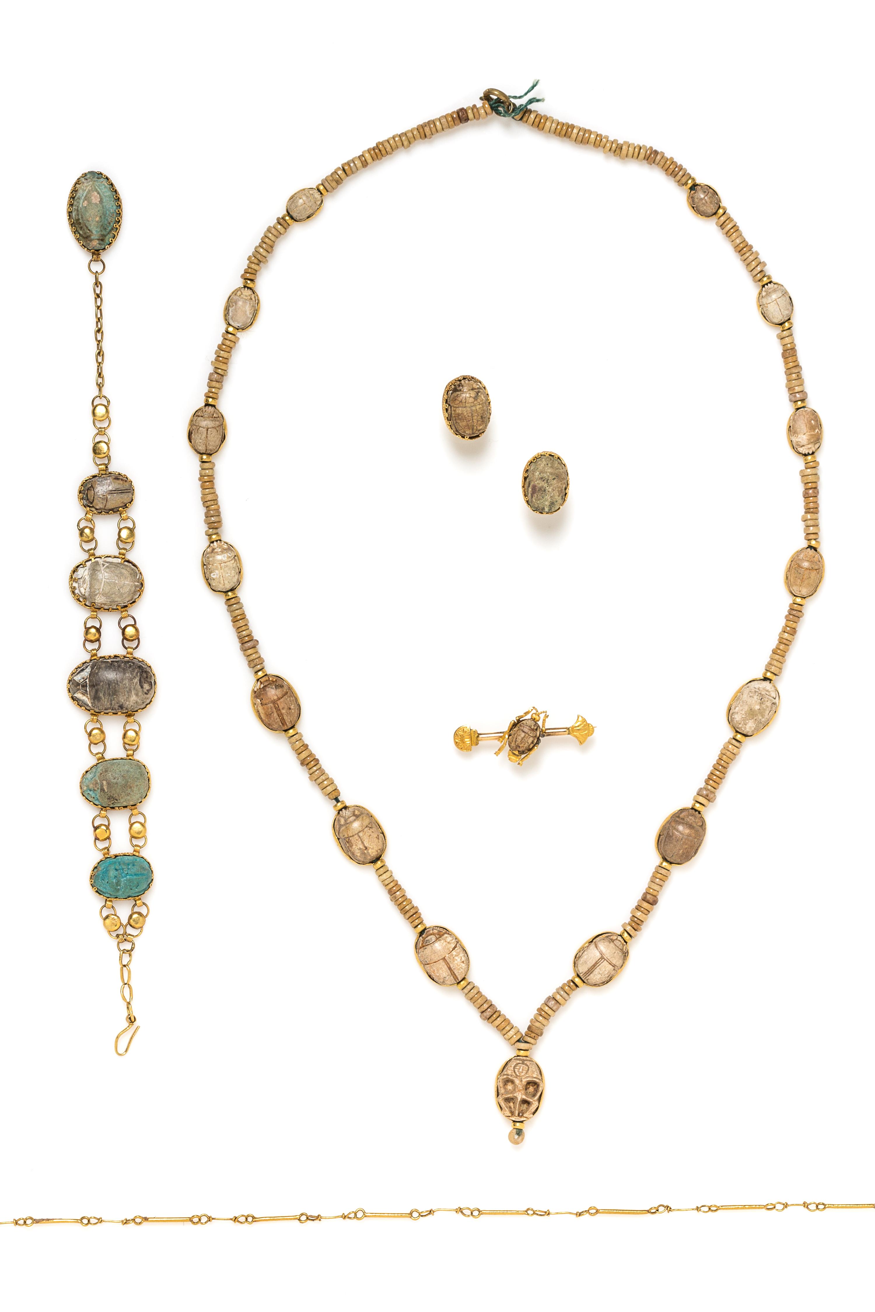 A Possibly Ancient Gold and Hardstone Scarab Parure, 44.80 dwts.