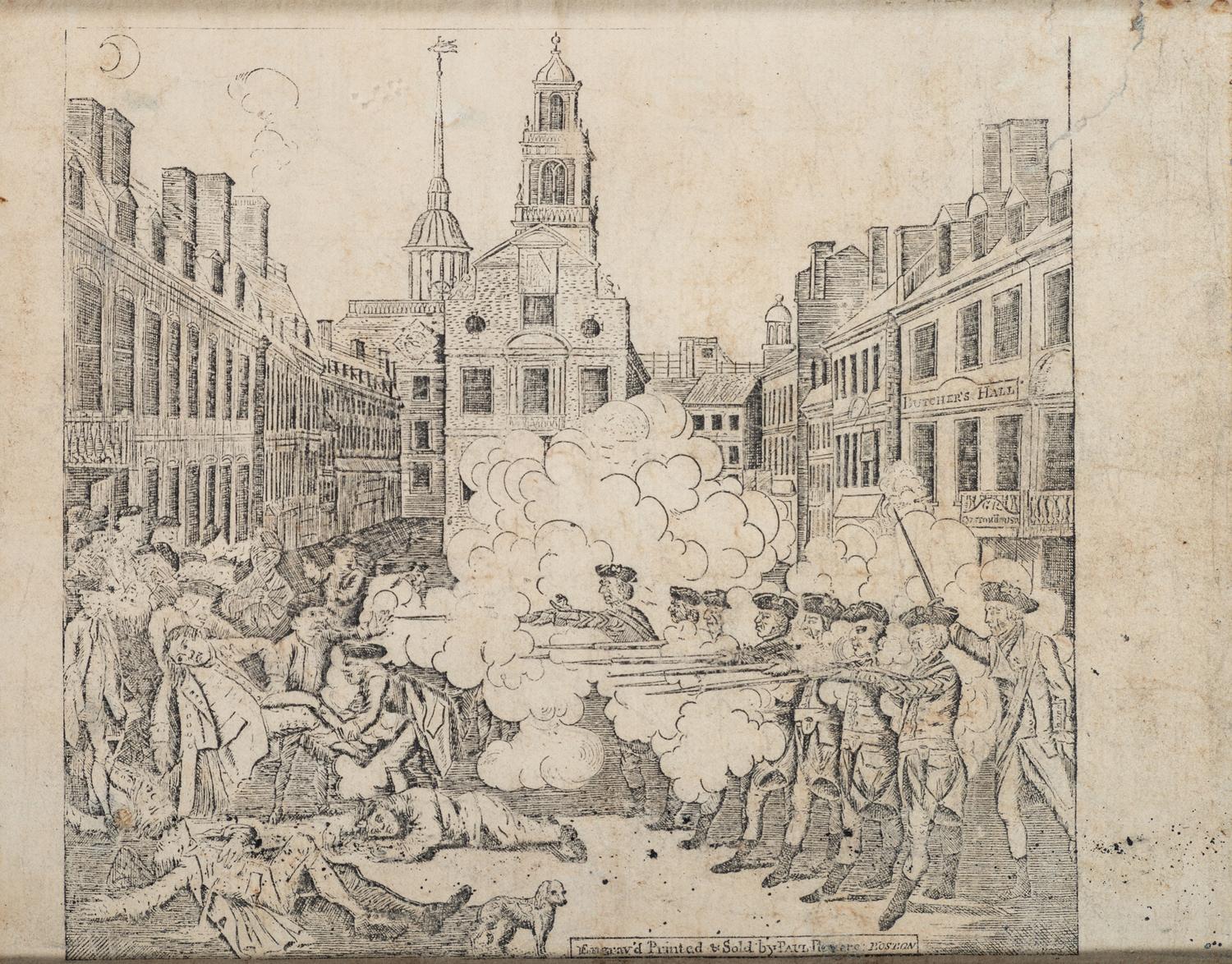 [REVOLUTIONARY WAR]. REVERE, Paul (1735-1818). The Bloody Massacre. Engraving of the Boston Massacre.
