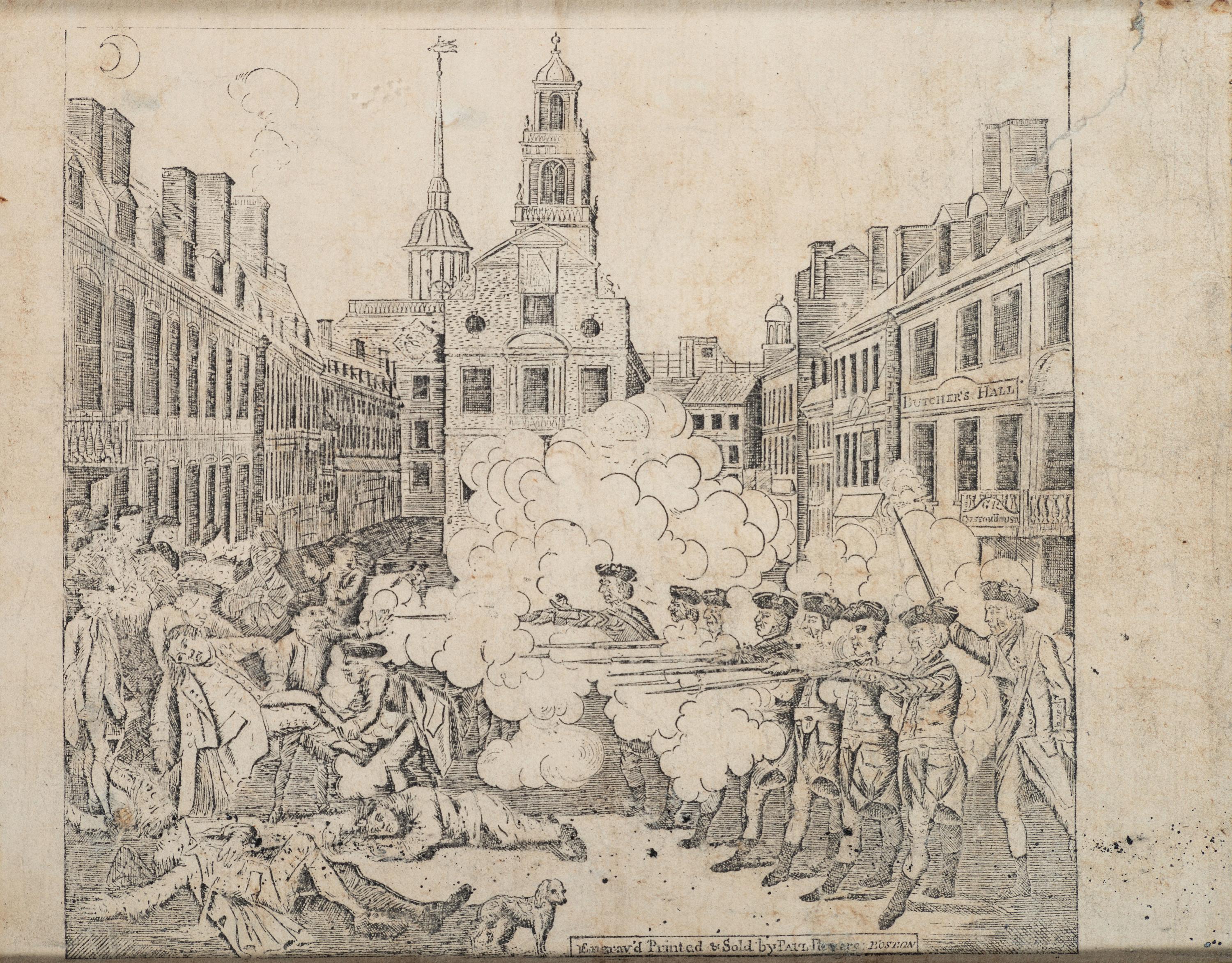 [REVOLUTIONARY WAR]. REVERE, Paul (1735-1818). The Bloody Massacre. Engraving of the Boston Massacre.