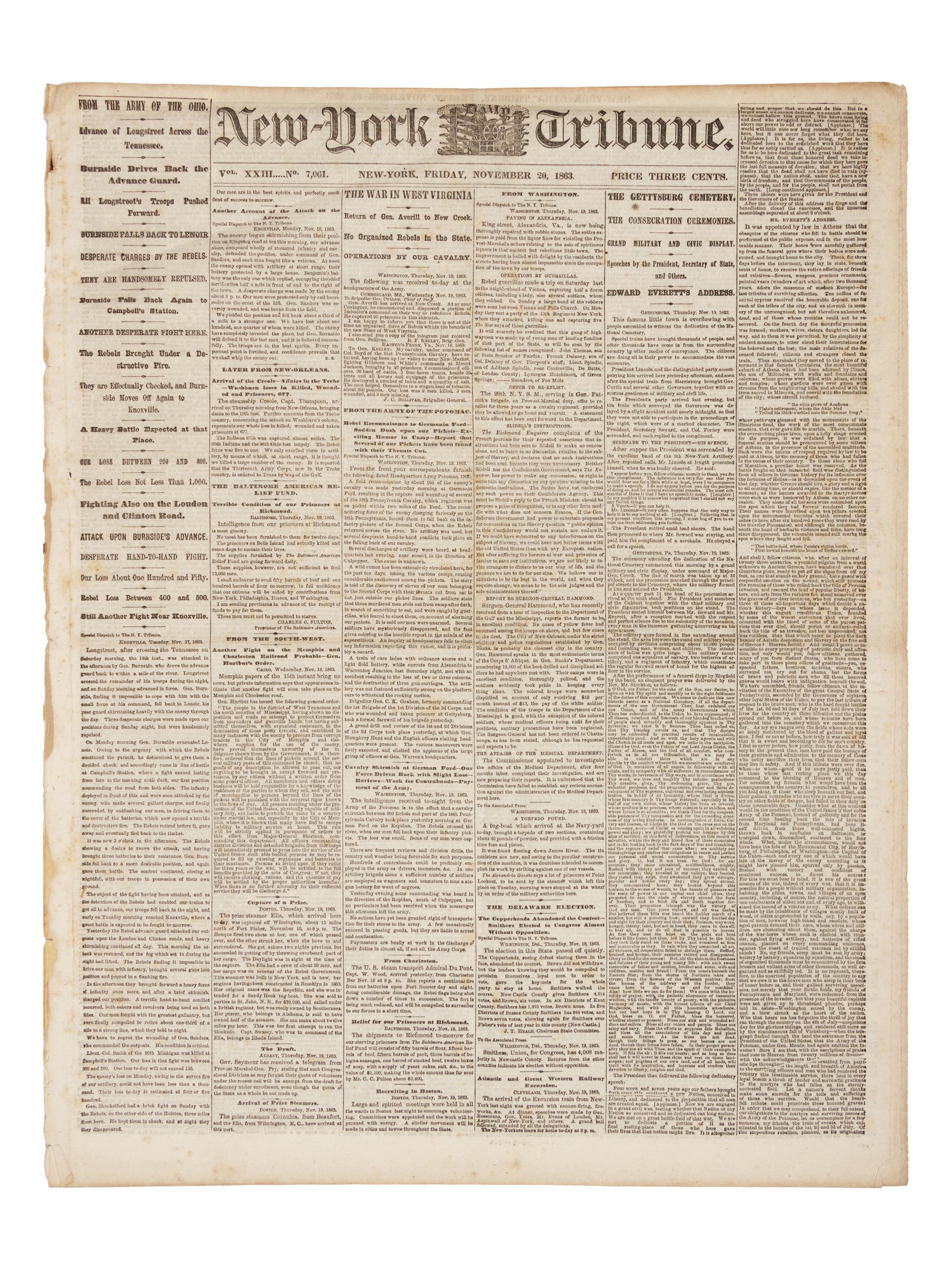 [LINCOLN, ABRAHAM—GETTYSBURG ADDRESS]. New-York Daily Tribune . New York, 20 November 1863.