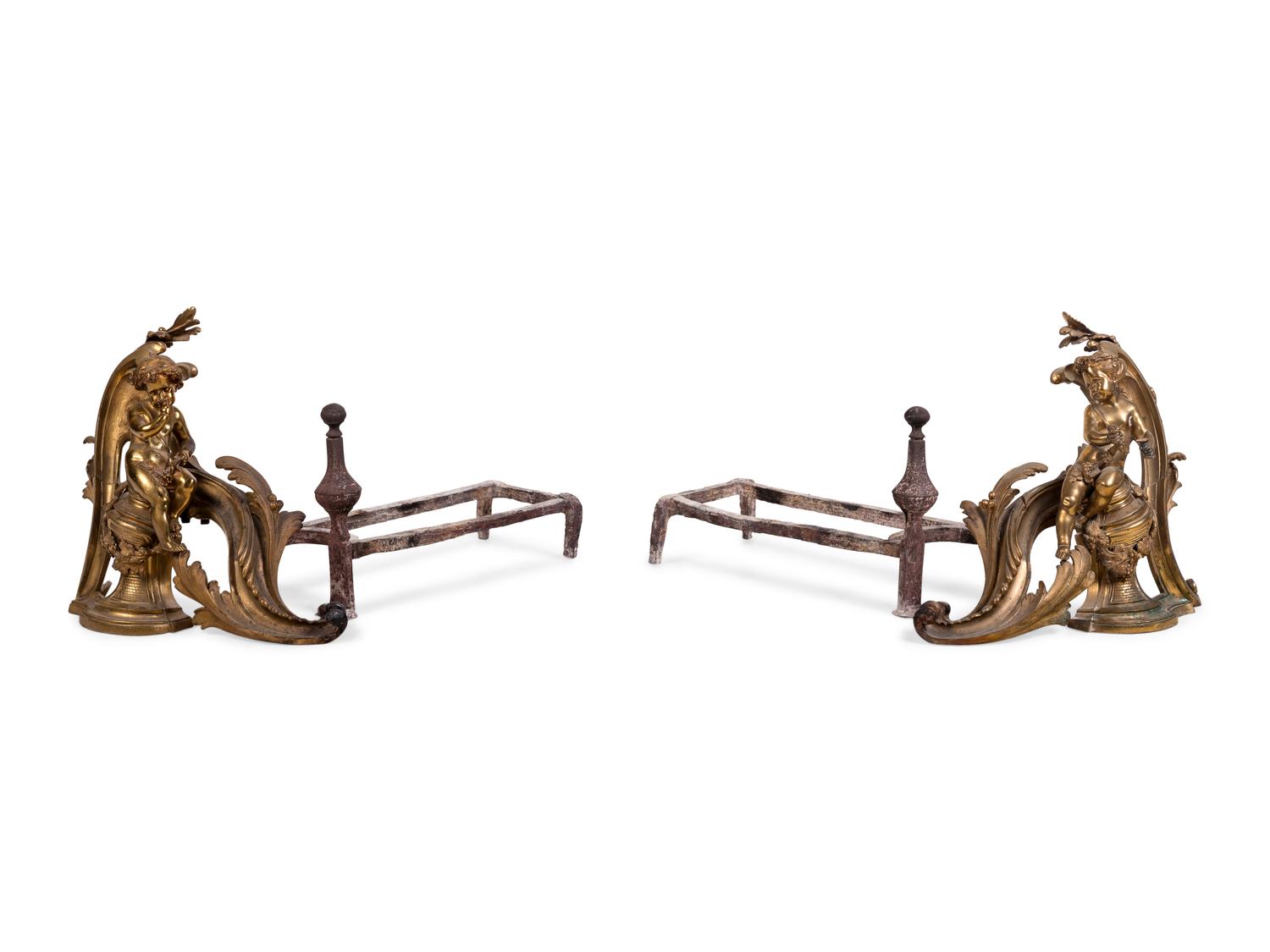 A Pair of Continental Gilt Bronze Figural Chenets