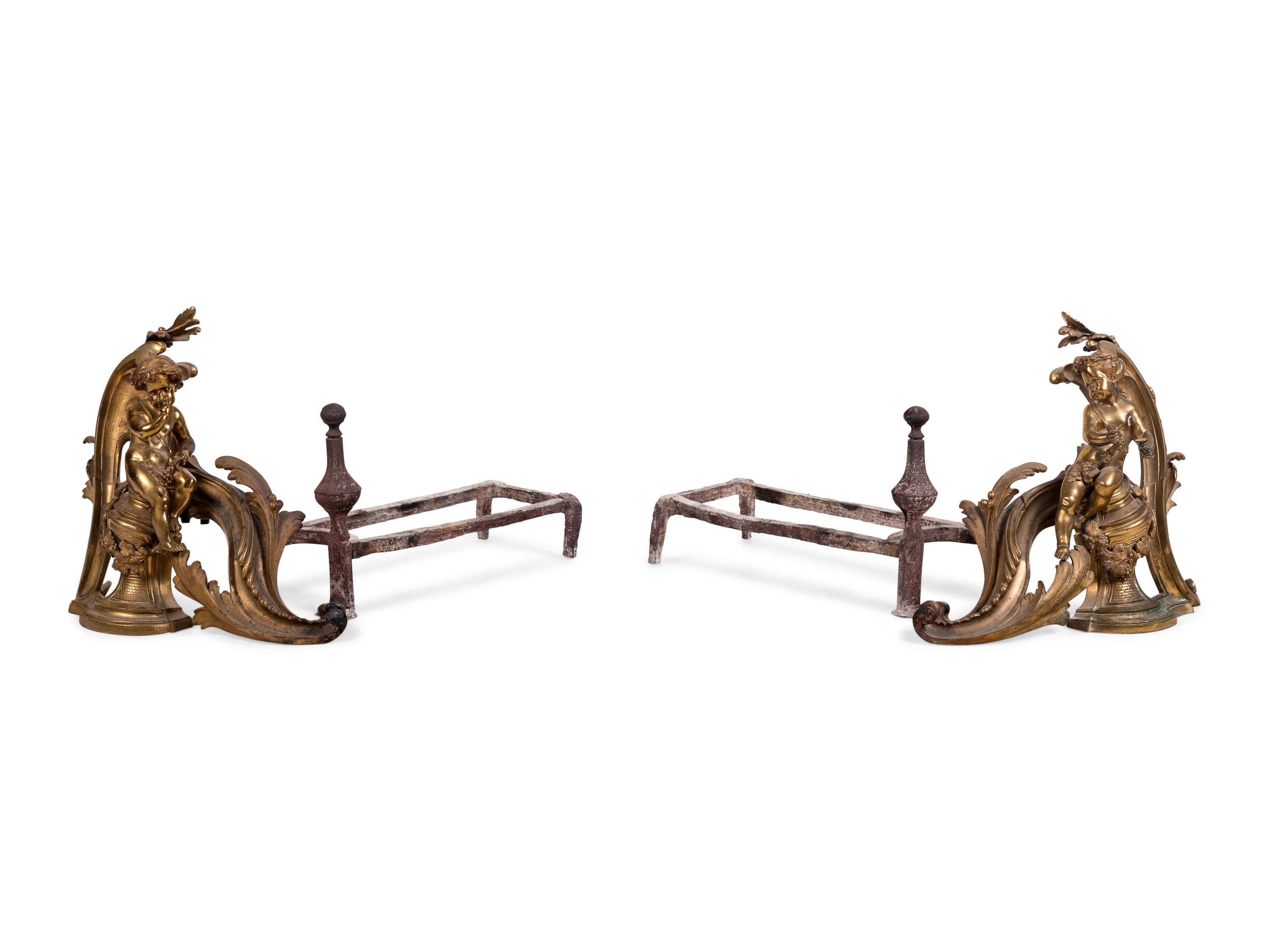 A Pair of Continental Gilt Bronze Figural Chenets