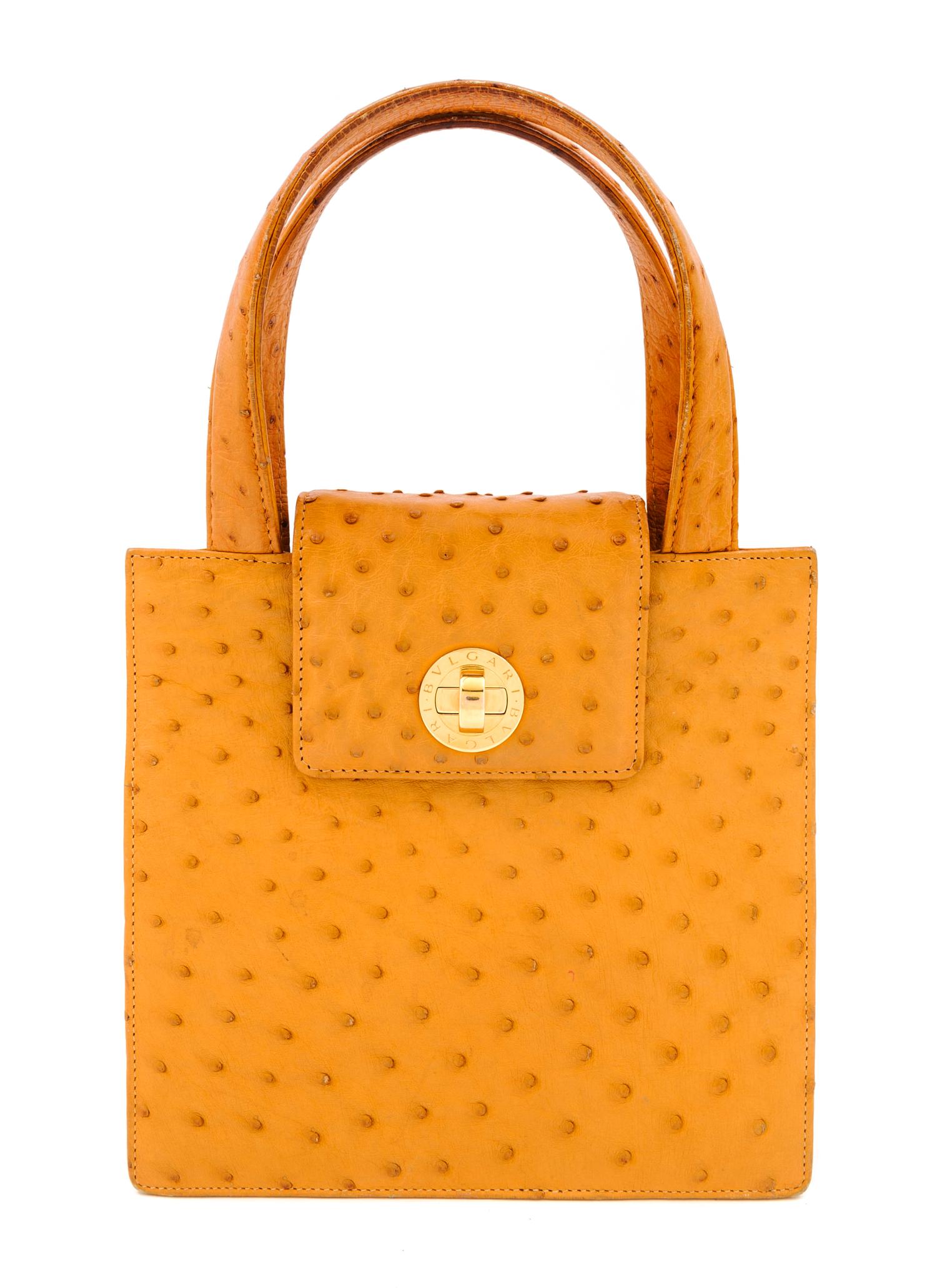 A Bulgari Pumpkin Ostrich Handbag, 7.75" x 7.5" x 3"; Strap drop: 17.5".