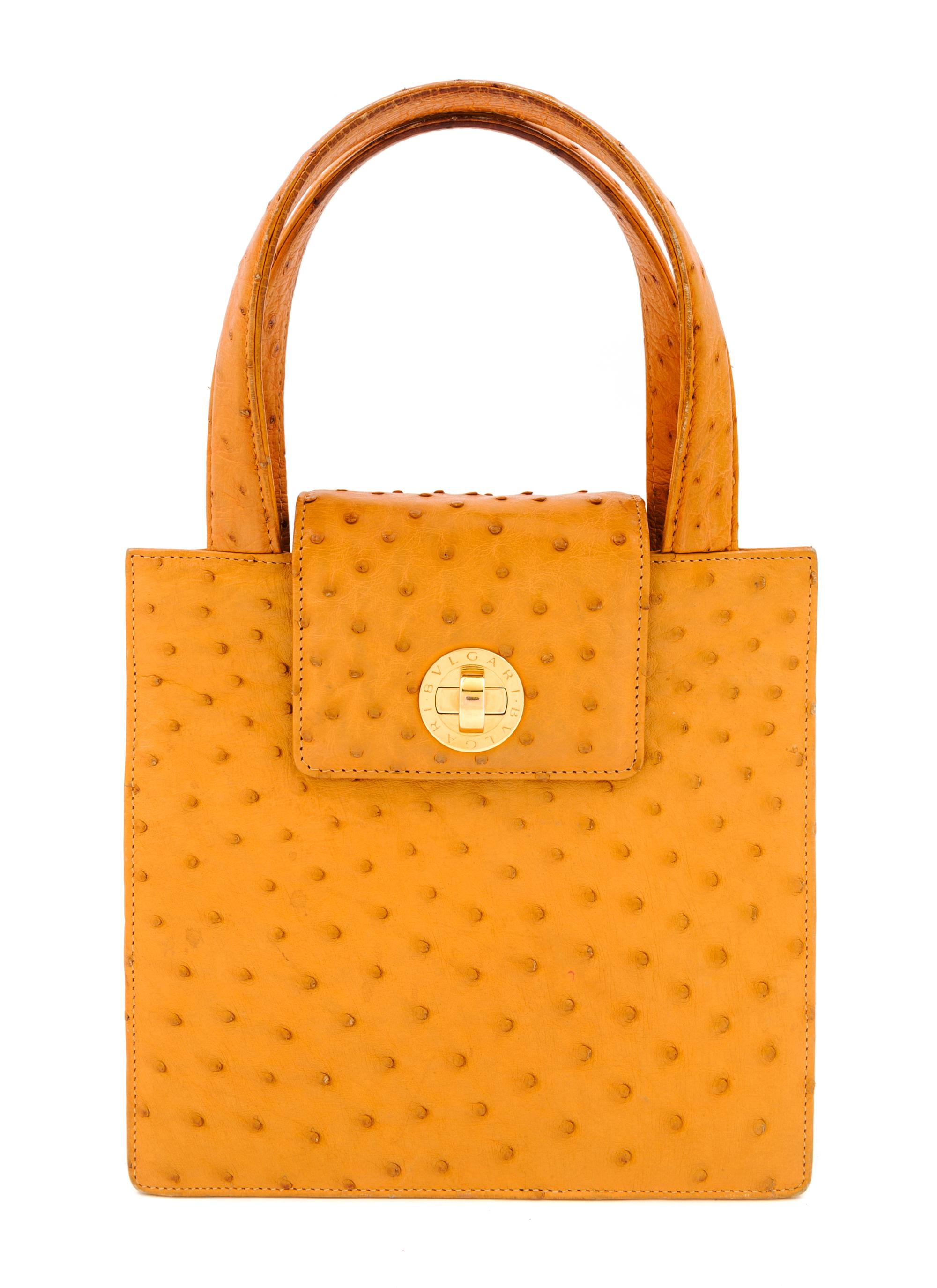A Bulgari Pumpkin Ostrich Handbag, 7.75" x 7.5" x 3"; Strap drop: 17.5".