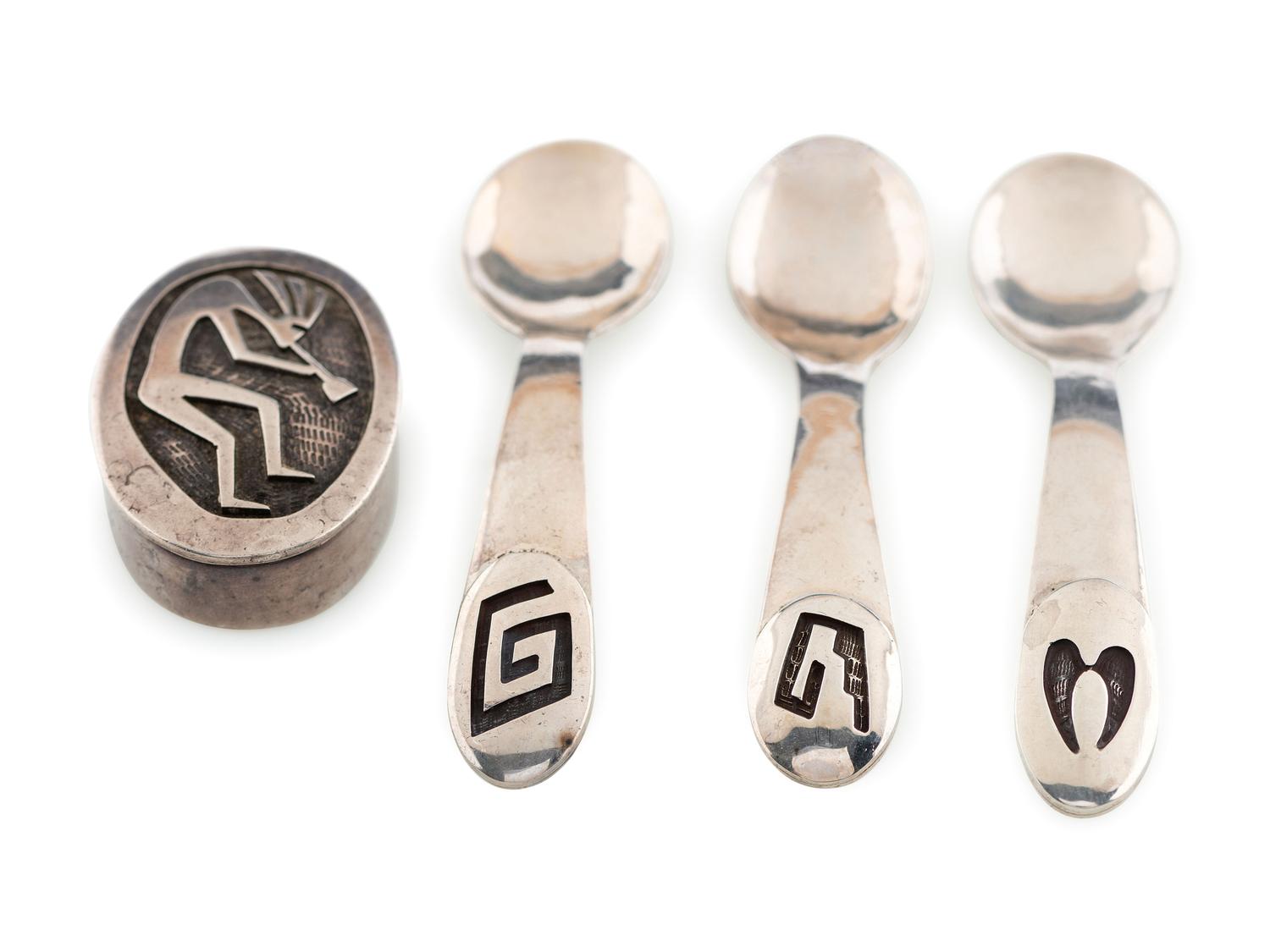 Group of Silver Overlay Salt Spoons AND Pill Bottle