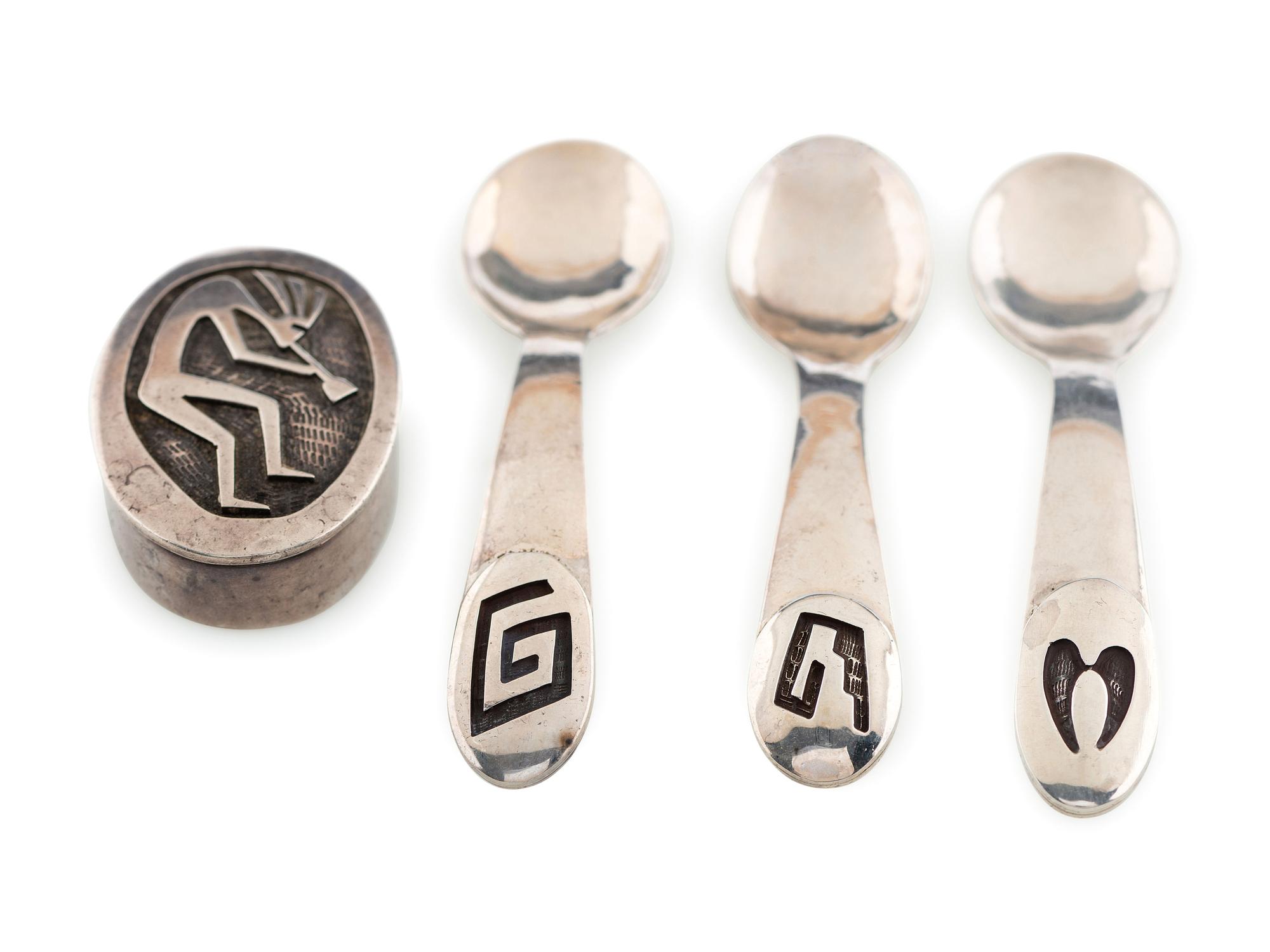 Group of Silver Overlay Salt Spoons AND Pill Bottle