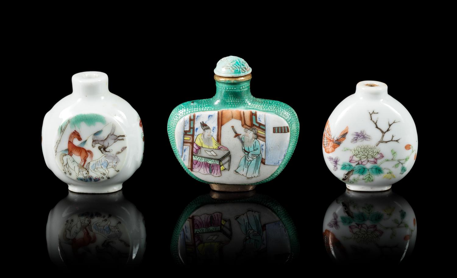 Three Famille Rose Porcelain Snuff Bottles Height of tallest overall 2 1/2 inches. — 19TH CENTURY