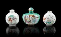 Three Famille Rose Porcelain Snuff Bottles Height of tallest overall 2 1/2 inches. — 19TH CENTURY